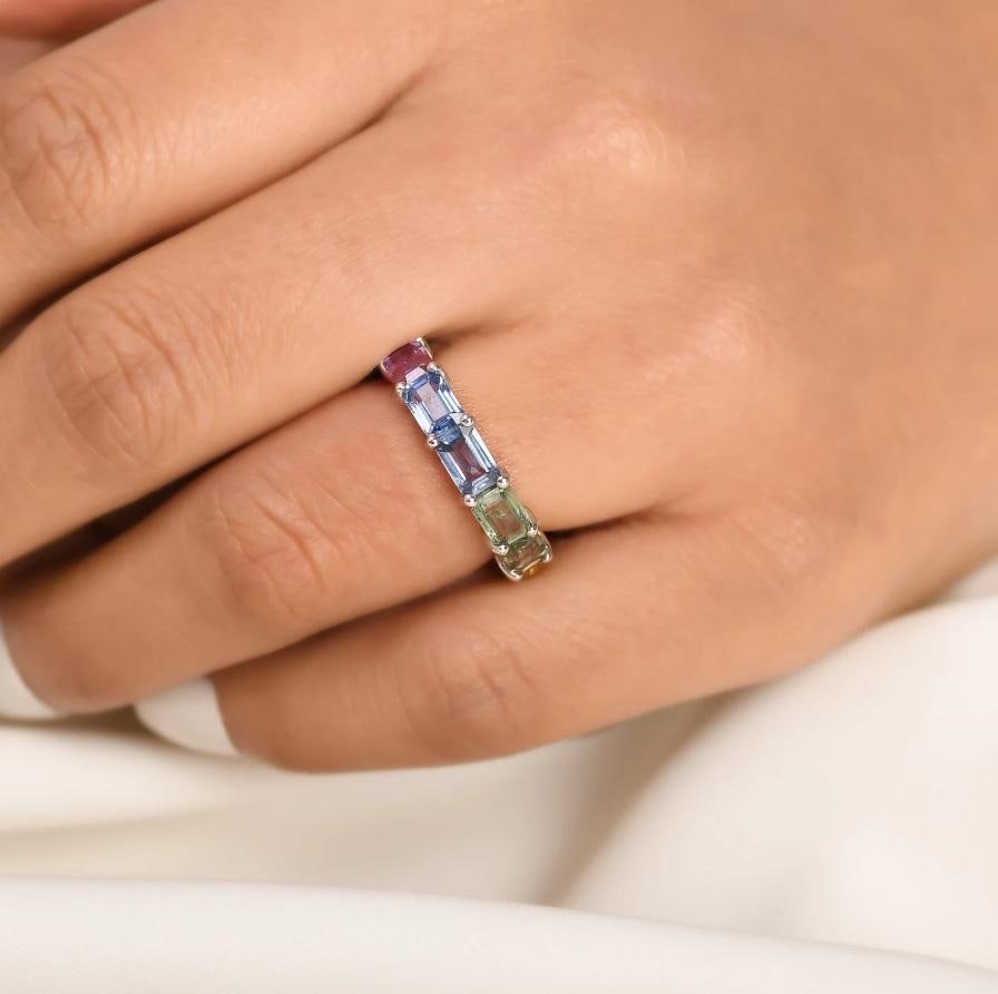 Natural 7.15 cts rainbow sapphire band ring in 14k gold - 9