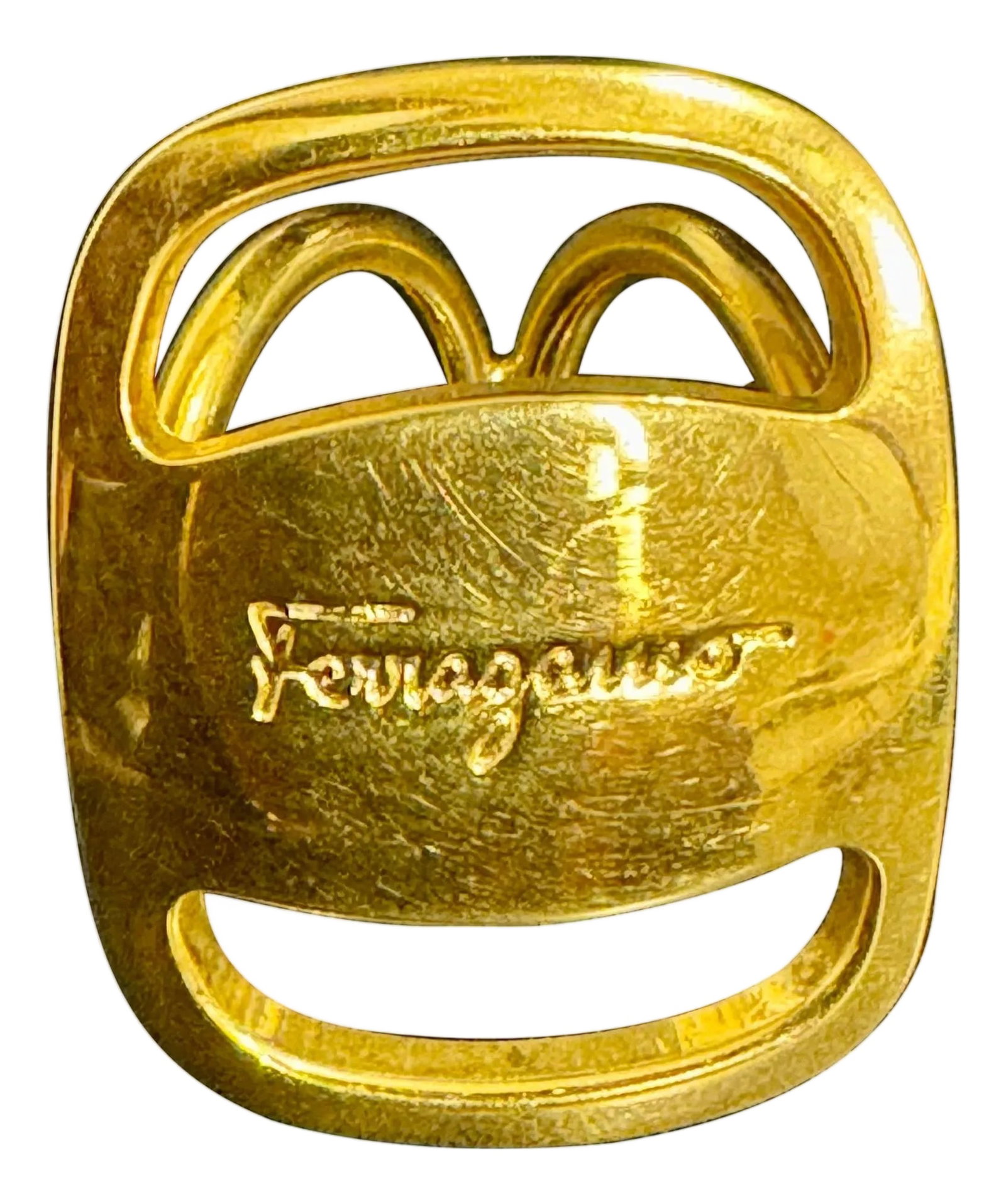 Salvatore Ferragamo Ganchini scarf ring /Ring gold Tone, Medium Size: Salvatore Ferragamo Gold Tone authentic scarf ring with designer engraved signature at back Scarf Ring Length 1.2 " Width 1.0" This is a Medium scarf ring Great for Gift Comes with original box and