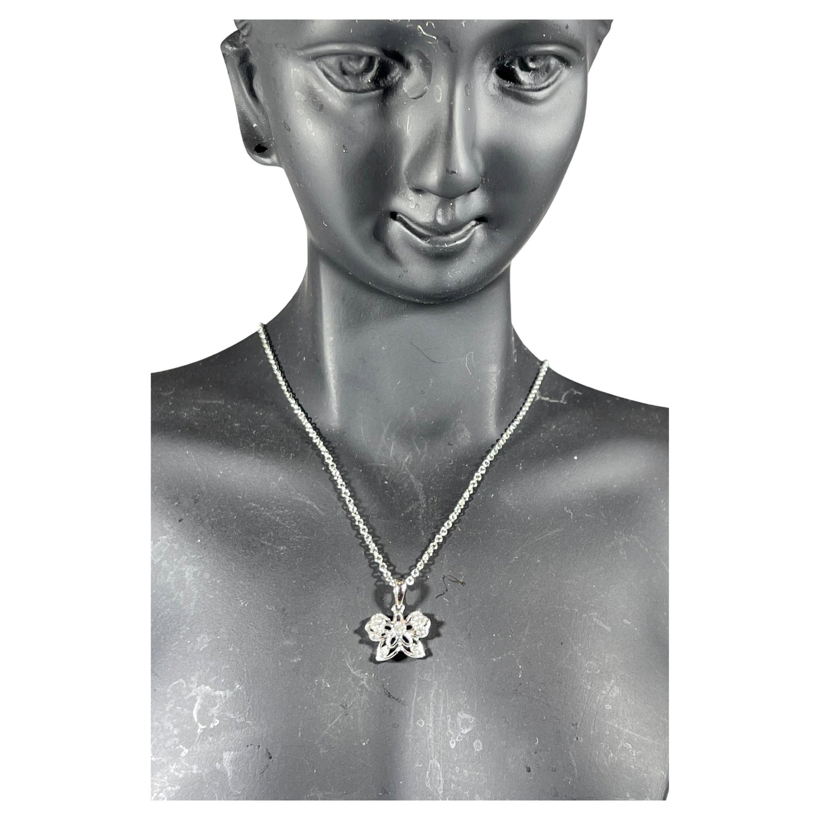 18 Karat Gold Butterfly Pendant with White Diamond & 14 Karat White Gold Chain - 7