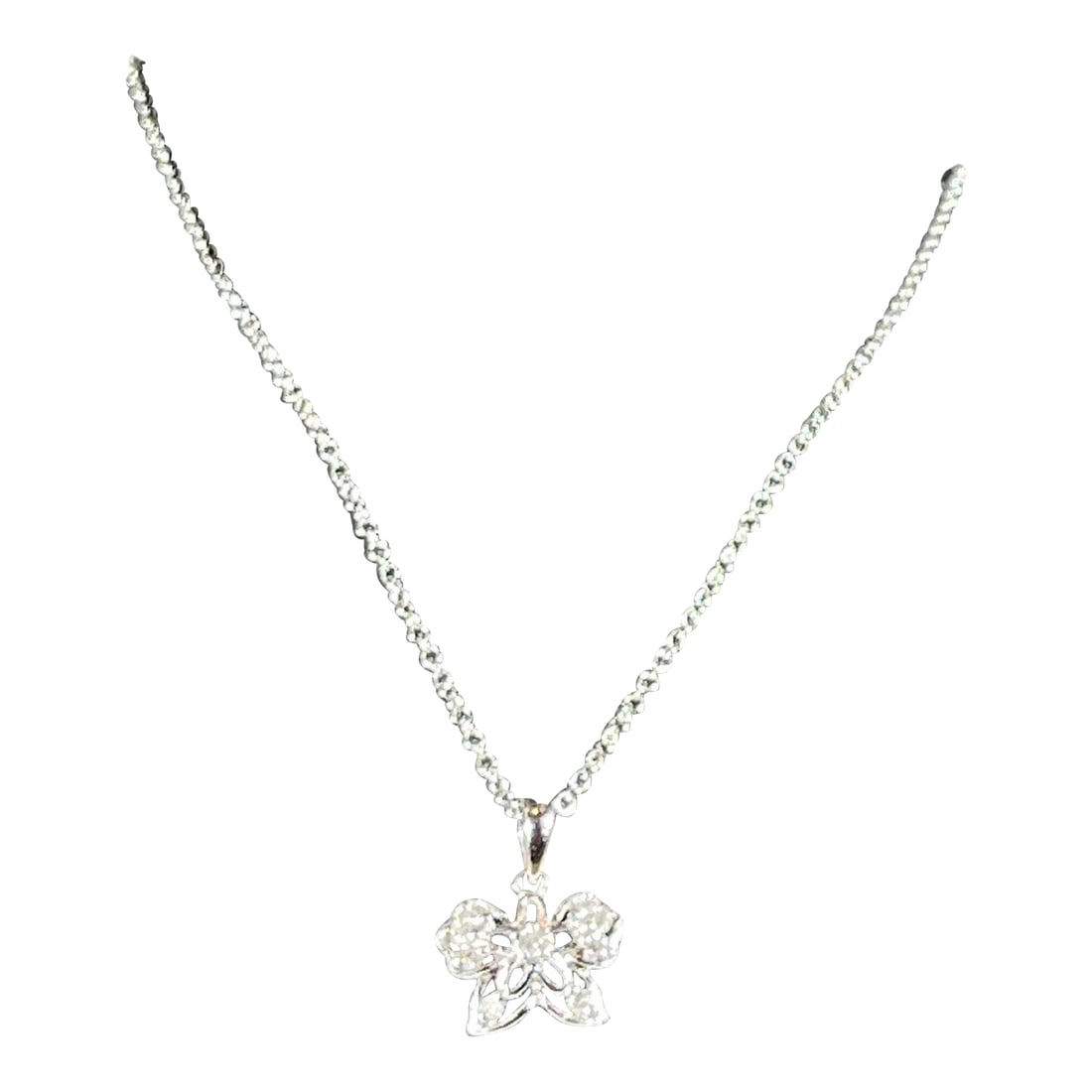 18 Karat Gold Butterfly Pendant with White Diamond & 14 Karat White Gold Chain: 18 Karat Gold Butterfly Pendant with White Diamond & 14 Karat White Gold Chain Very Delicate small butterfly with tiny diamonds in it , with a adjustable chain length to 16 or 18 inch long chain.