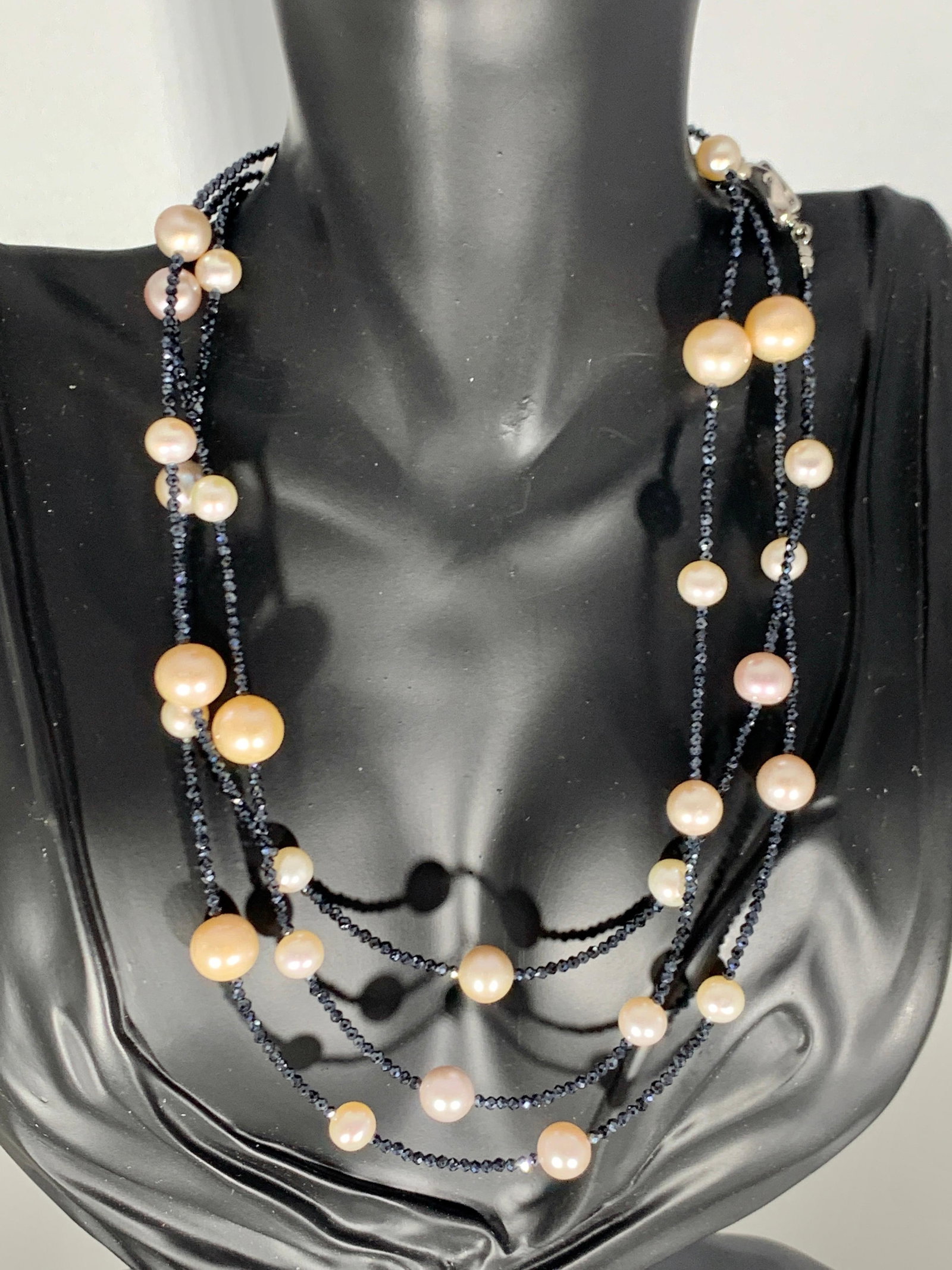 Fresh Water Pearl Single Strand Necklace with Black Spinel Opera Length 46 Inch - 12