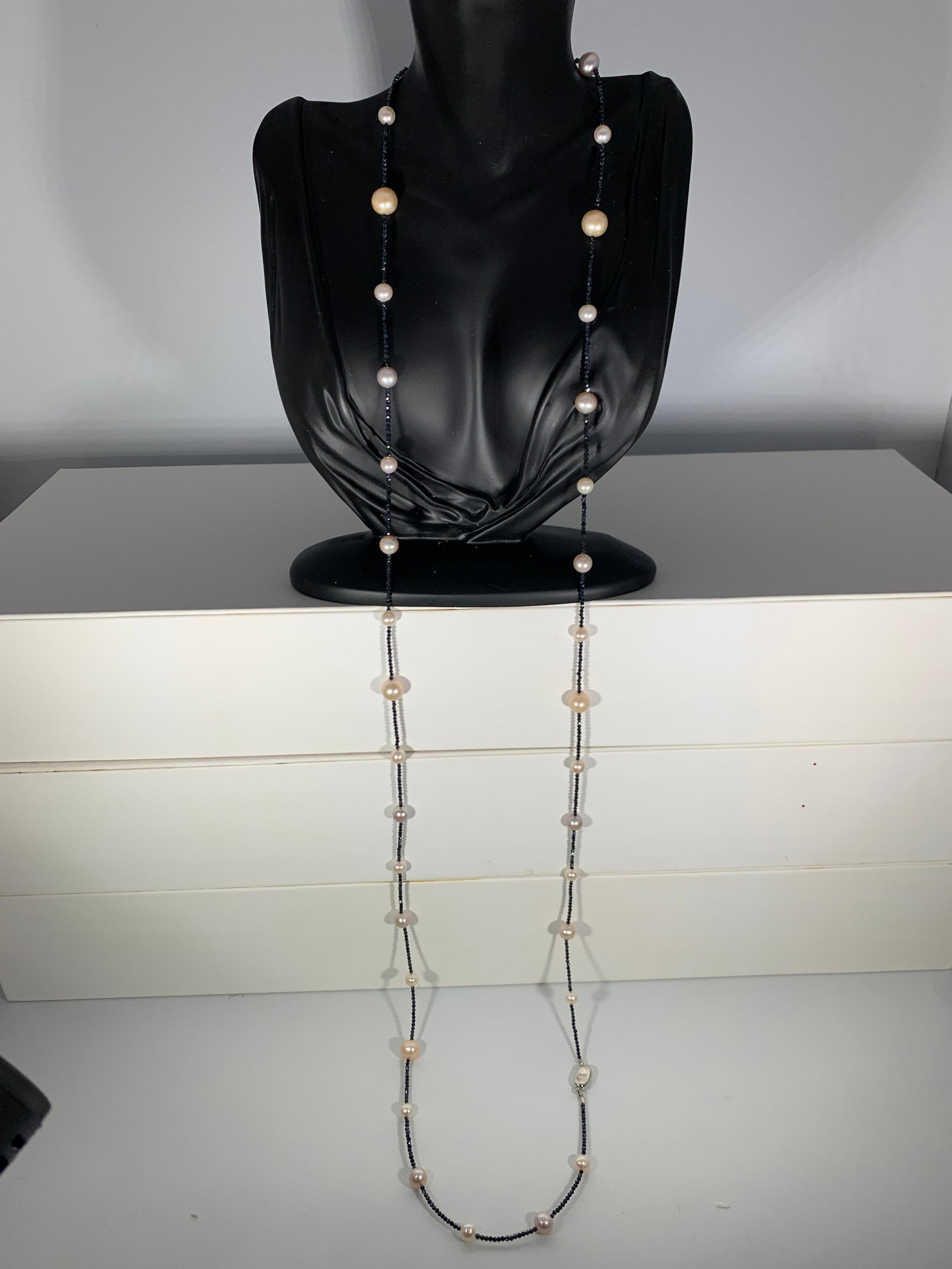 Fresh Water Pearl Single Strand Necklace with Black Spinel Opera Length 46 Inch - 16