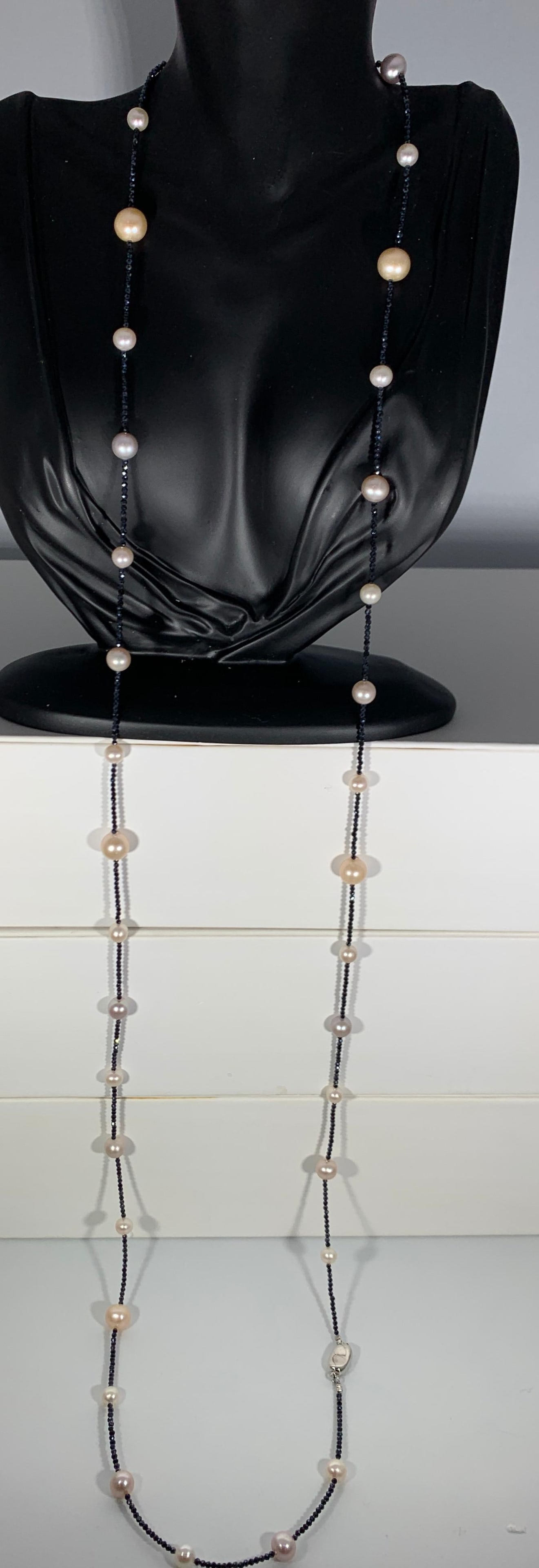 Fresh Water Pearl Single Strand Necklace with Black Spinel Opera Length 46 Inch - 18