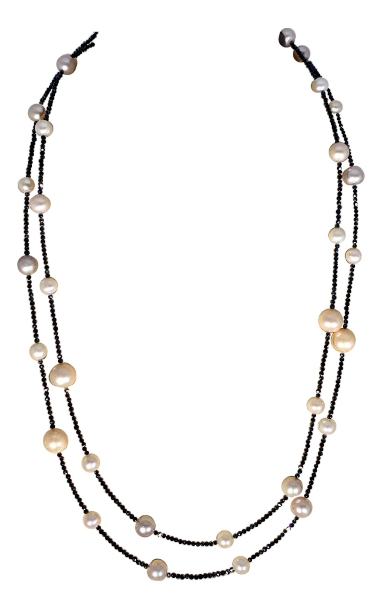 Fresh Water Pearl Single Strand Necklace with Black Spinel Opera Length 46 Inch: Fresh Water Pearl Single Strand Necklace 46" Long With Black Spinel This marvelous Fresh Water Pearl necklace features 35 pieces of 7, 8 , 10 MM of luscious Natural Fresh Water pearls spaced out by Bl