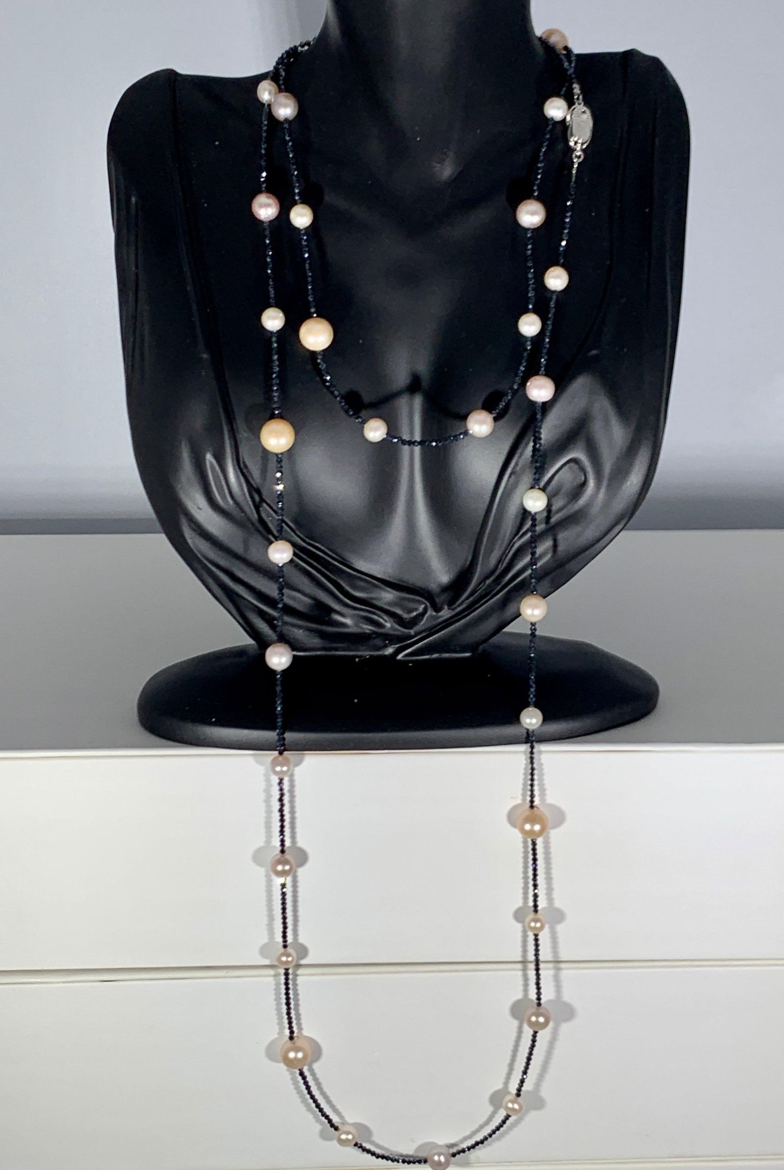 Fresh Water Pearl Single Strand Necklace with Black Spinel Opera Length 46 Inch - 2