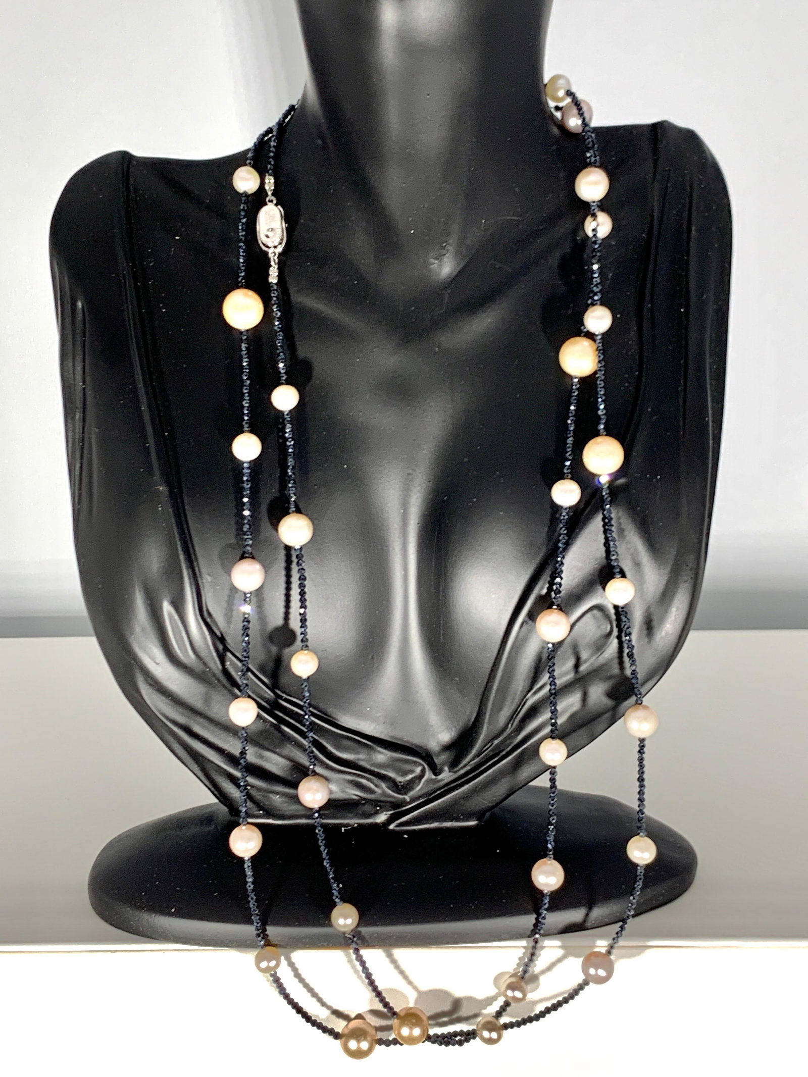 Fresh Water Pearl Single Strand Necklace with Black Spinel Opera Length 46 Inch - 4