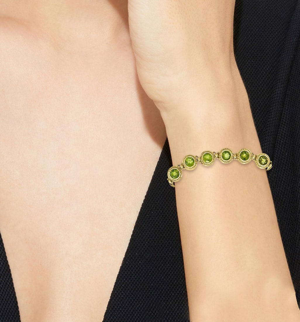 16 Carat Genuine Natural Peridot Tennis Bracelet 14 Karat Yellow Gold 16 Gram - 4