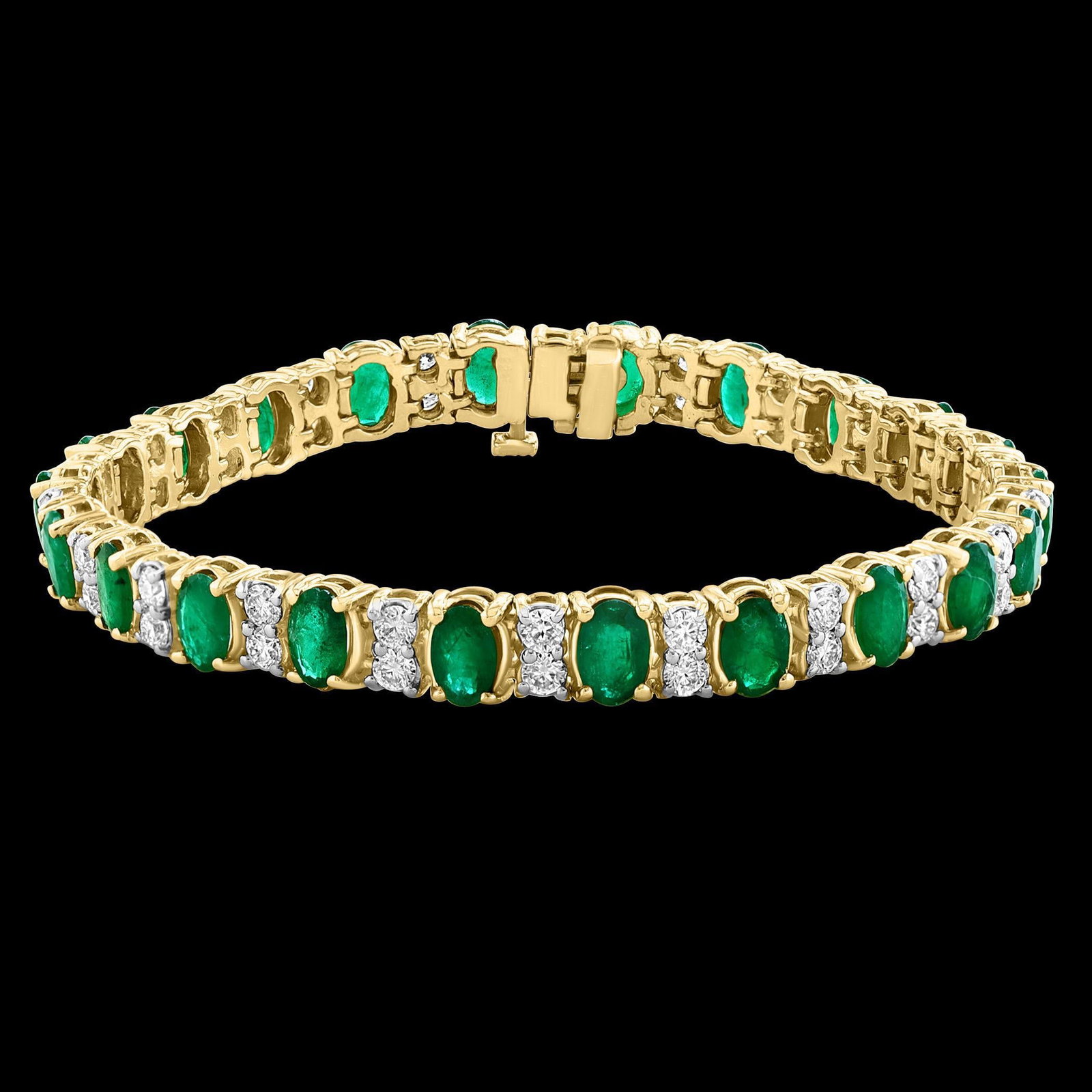 12 Carat Natural Emerald & 2.8 Carat Diamond Tennis Bracelet 14 Kt Yellow Gold - 14