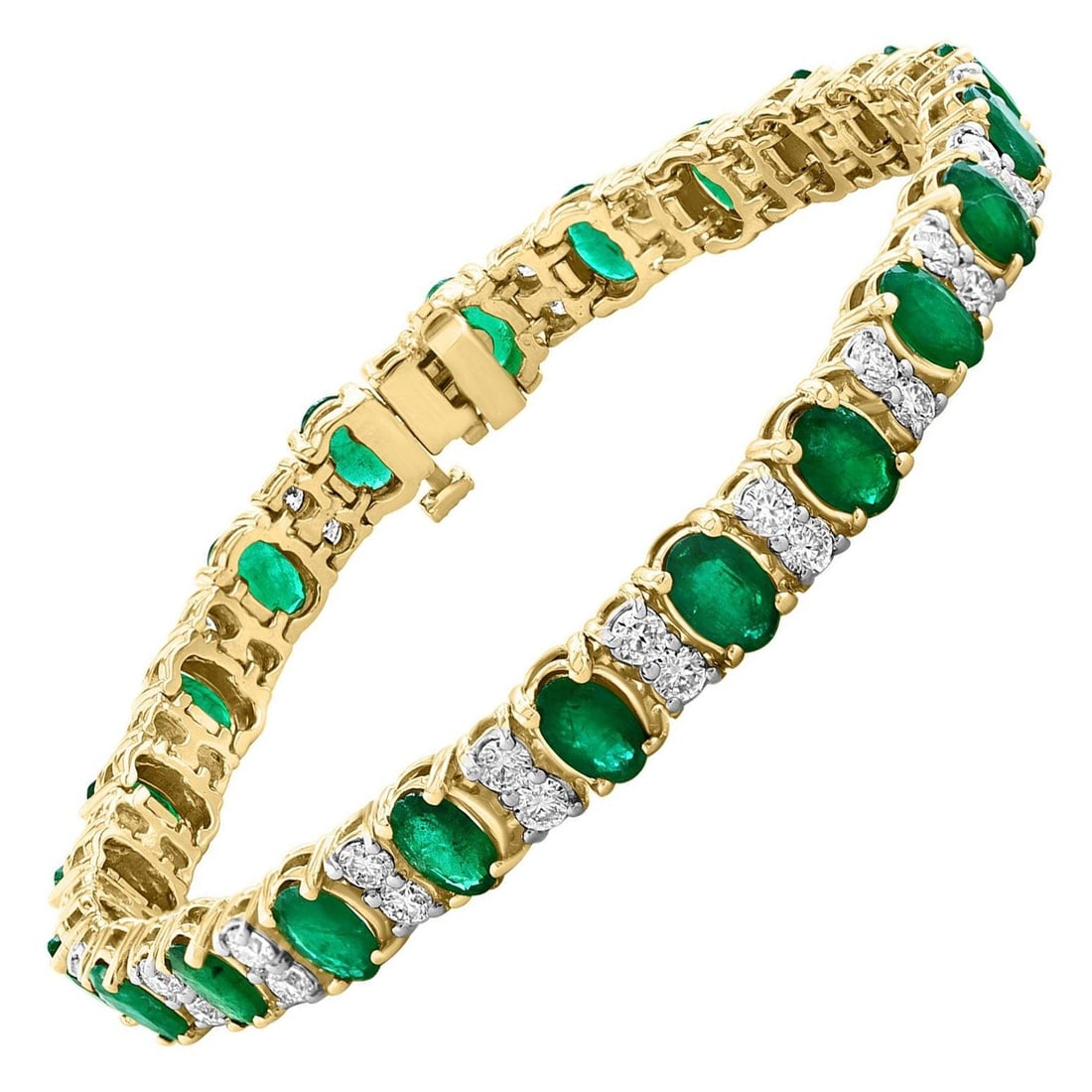 12 Carat Natural Emerald & 2.8 Carat Diamond Tennis Bracelet 14 Kt Yellow Gold - 15