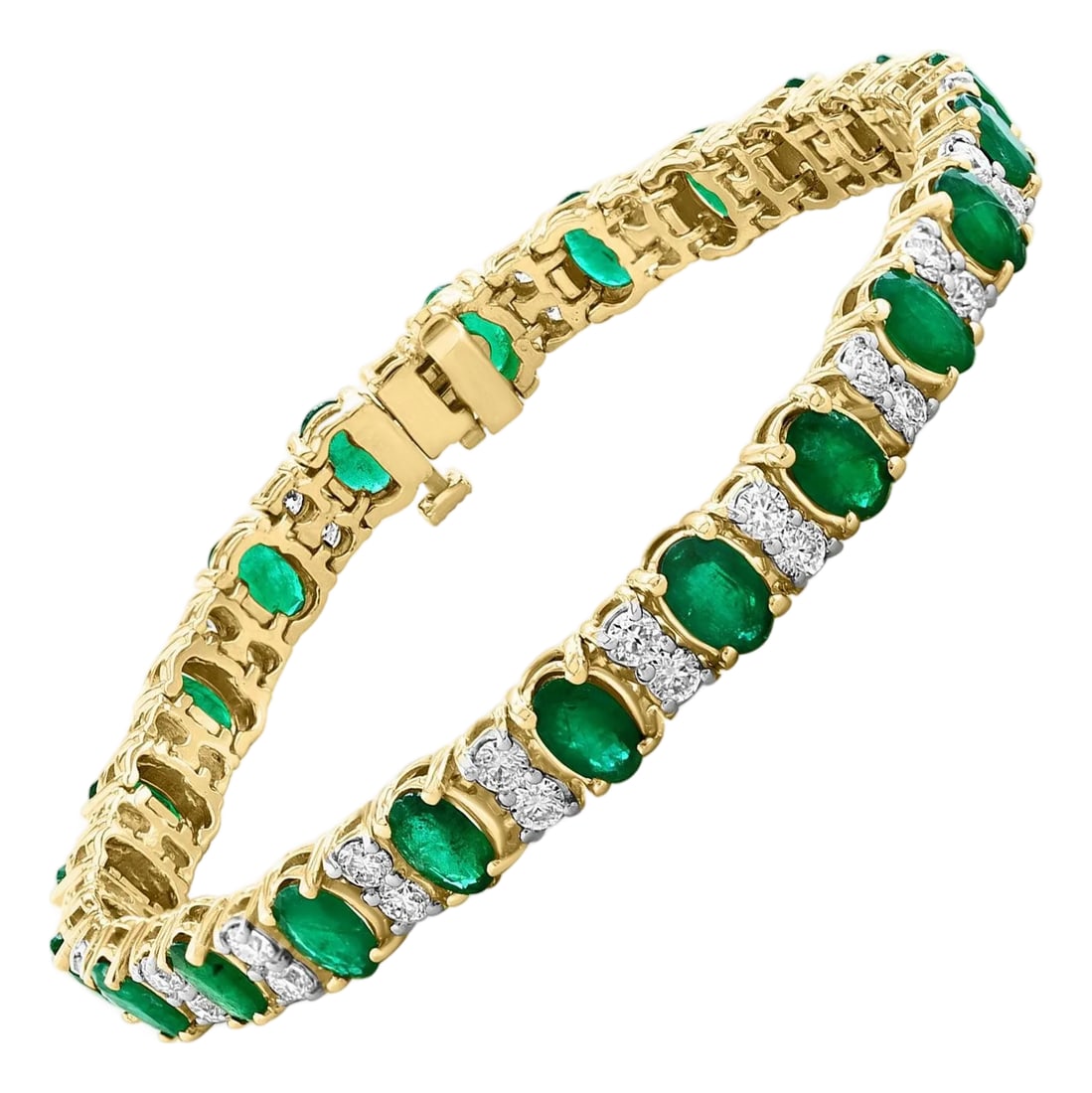 12 Carat Natural Emerald & 2.8 Carat Diamond Tennis Bracelet 14 Kt Yellow Gold: 12 Carat Natural Emerald & 2.8 Carat Diamond Tennis Bracelet 14 Kt Yellow Gold This exceptionally affordable Tennis bracelet has 22 stones of Natural oval shape High quality Emeralds . Each Emerald