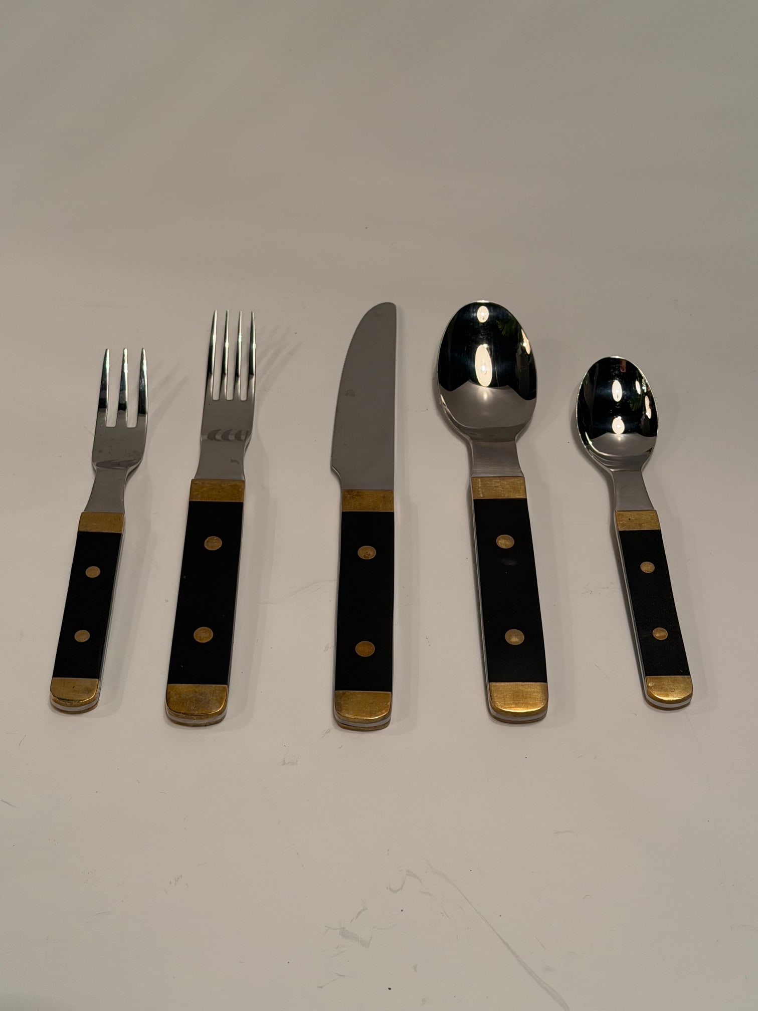 Rare Set of Vintage Swedish Stainless Steel Brass & Wood Flatware - 2