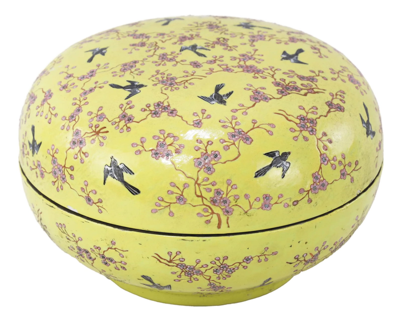 Vintage Chinese Yellow-Ground Famille Rose 'Prunus and Magpie' Porcelain Covered Box: This exquisite large porcelain covered box features a vibrant yellow-ground finish, a color traditionally associated with imperial elegance in Chinese ceramics. The exterior is intricately decorated
