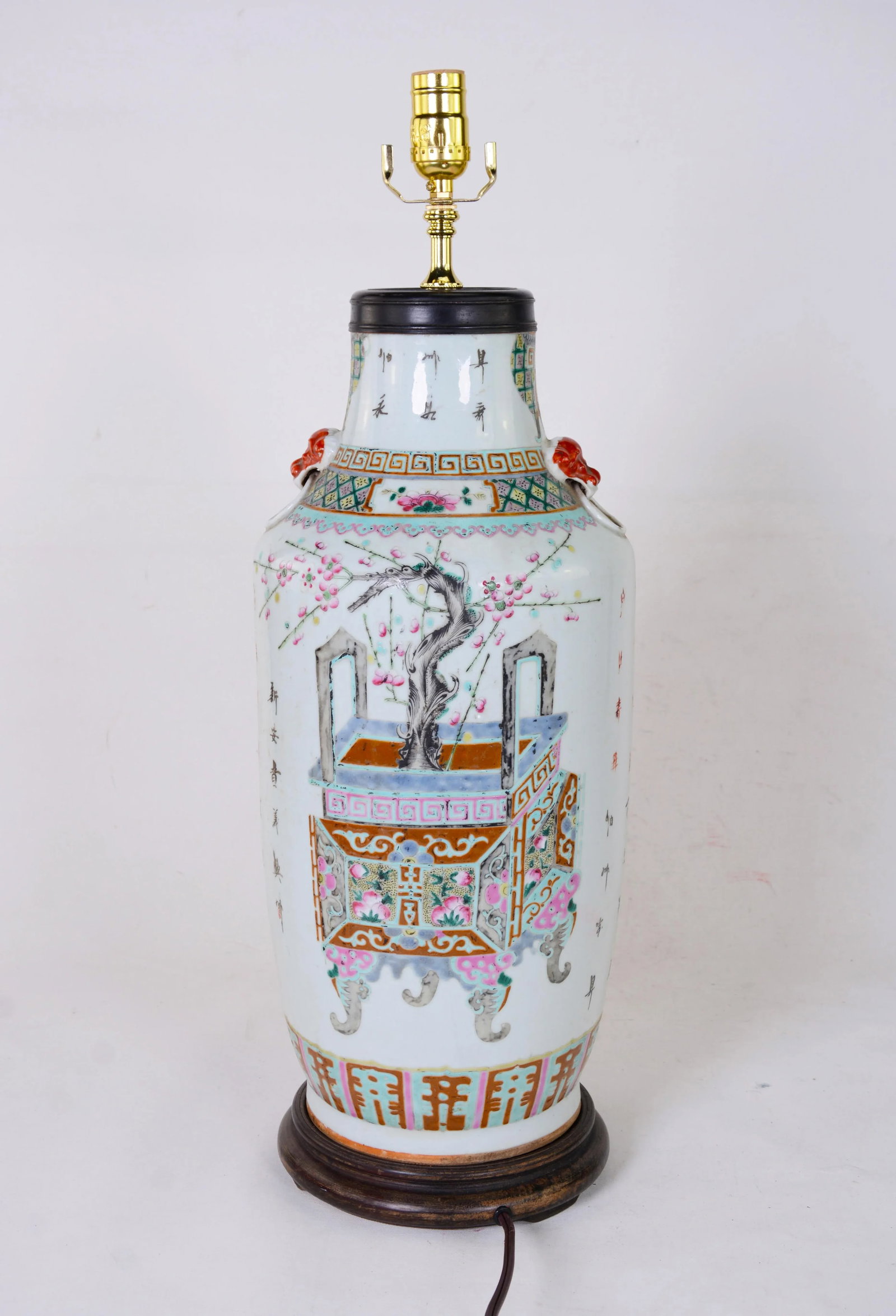 Chinese Antique Famille Rose Porcelain Vase Table Lamp - 5