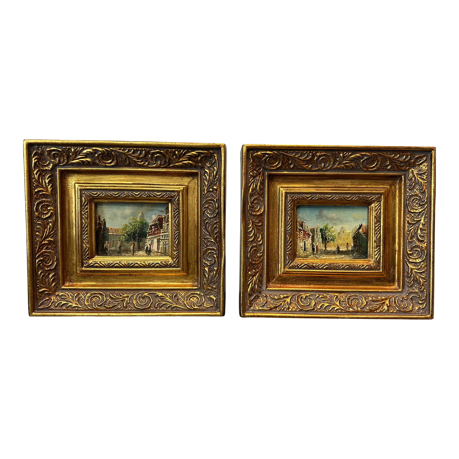 Pair of Vintage European Street Scene Oil Paintings on Board – Miniature Impressionist Art in (1 of 8)