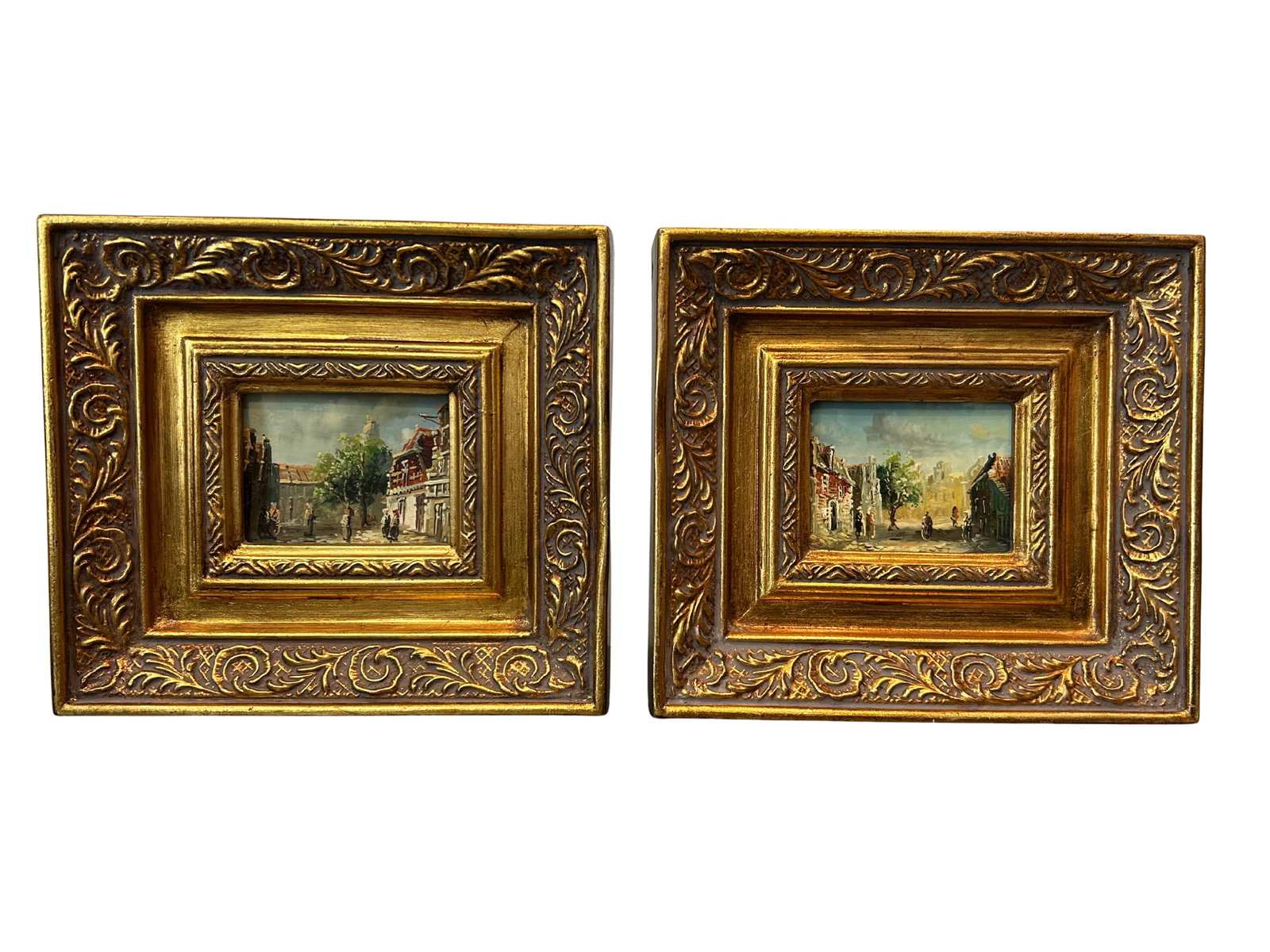 Pair of Vintage European Street Scene Oil Paintings on Board – Miniature Impressionist Art in - 2