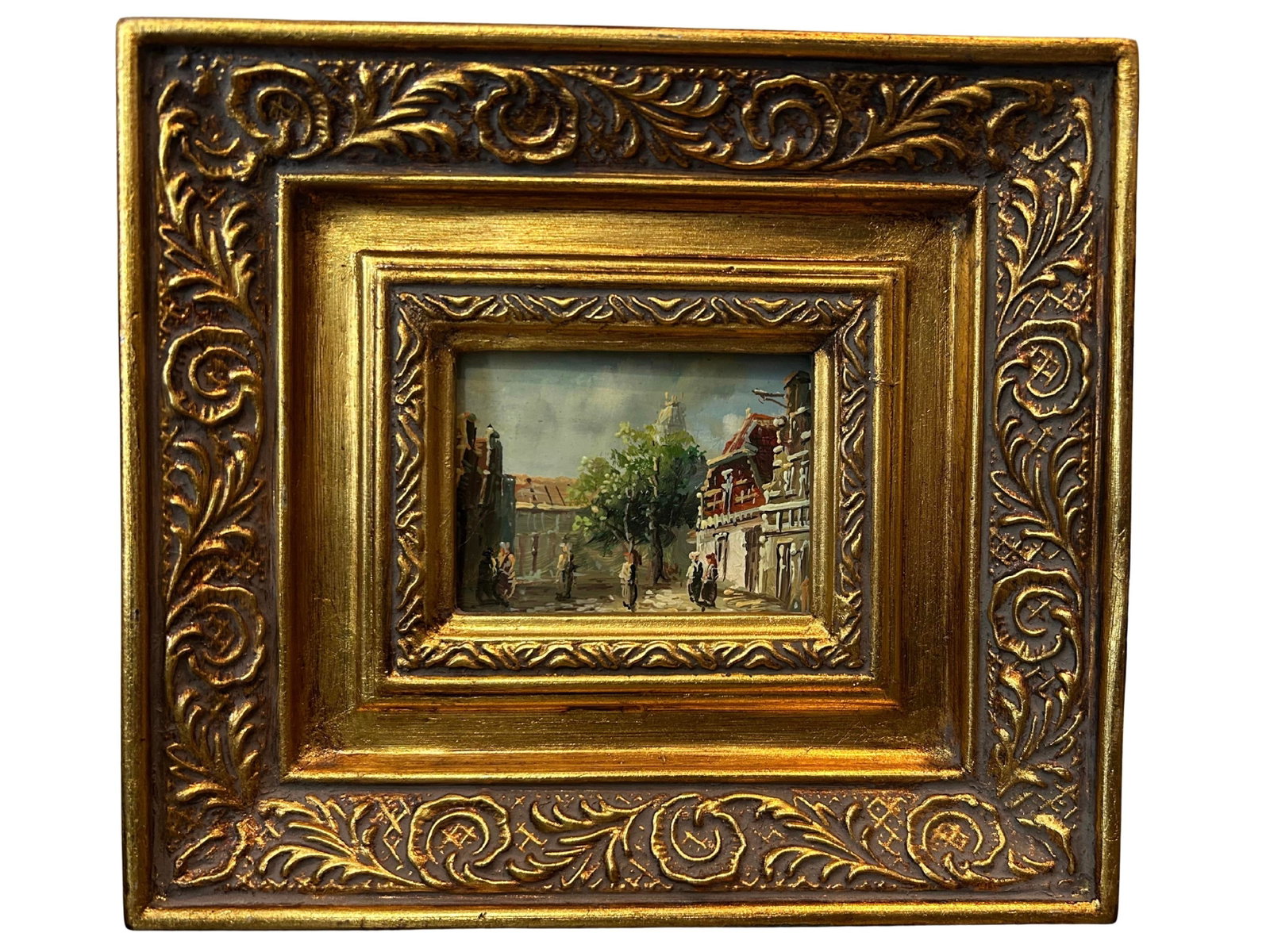 Pair of Vintage European Street Scene Oil Paintings on Board – Miniature Impressionist Art in - 3