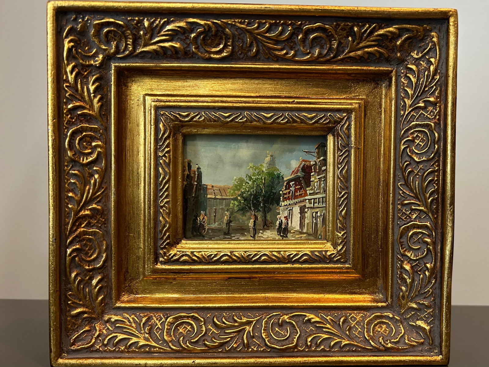 Pair of Vintage European Street Scene Oil Paintings on Board – Miniature Impressionist Art in - 5