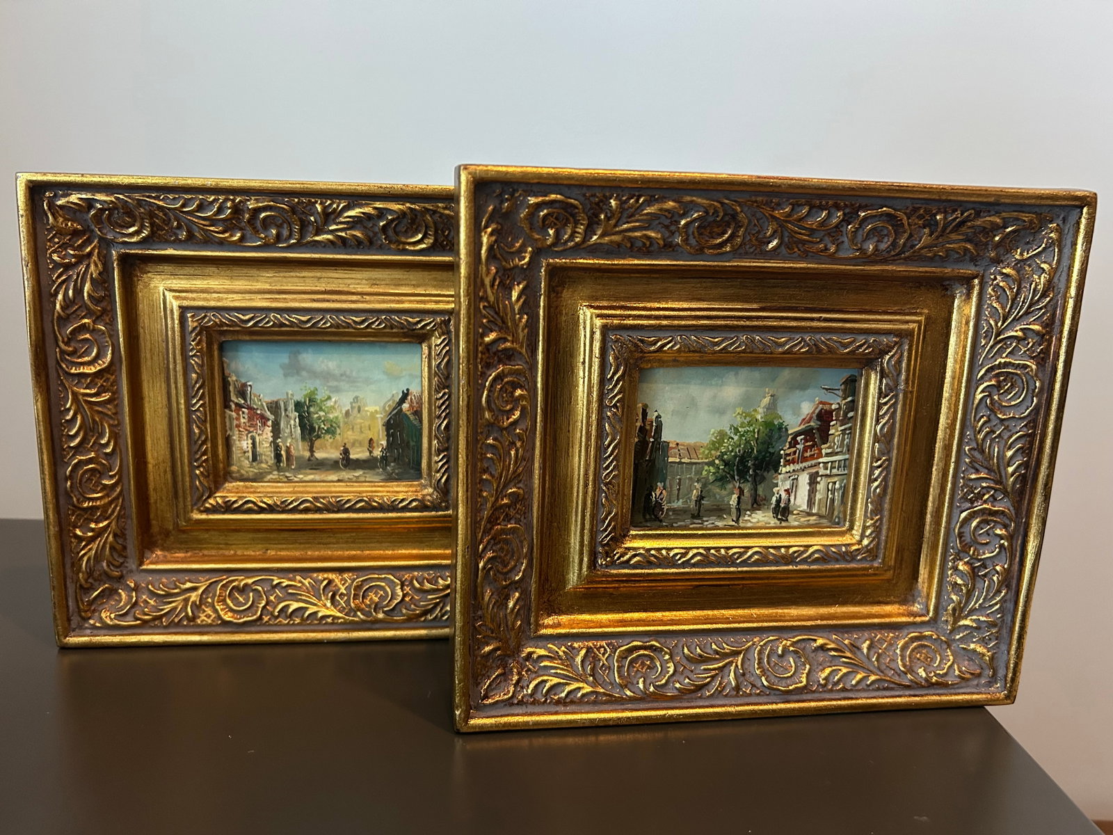Pair of Vintage European Street Scene Oil Paintings on Board – Miniature Impressionist Art in - 6