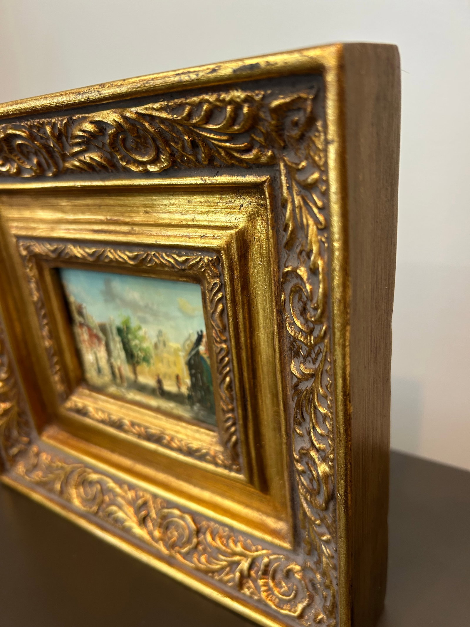 Pair of Vintage European Street Scene Oil Paintings on Board – Miniature Impressionist Art in - 7
