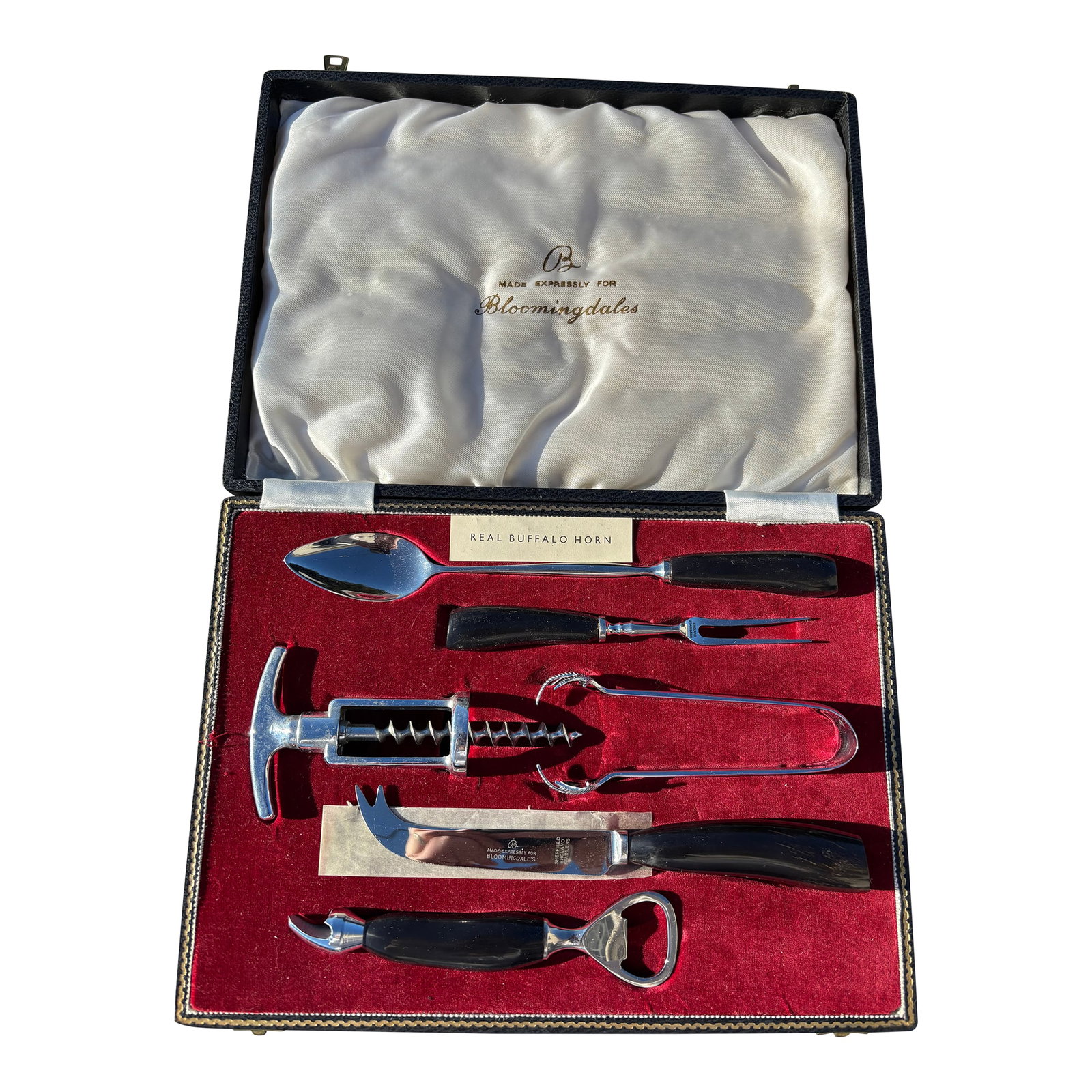 Mid 20th Century Mid-Century Bloomingdales New-in-Box Cocktail Serving Set in Box: Mid-20th C. Cocktail / Bar Six-Piece Serving Set in Box. Signed in Satin "Made Expressly for Bloomingdales." Remarkable original condition - appears to be new old stock or perhaps given as a gift and