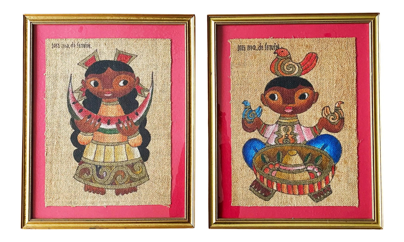Jose Maria De Servin Mid 20th Century Mexican Figurative Folk Art Portrait Oil Paintings - a Pair: Pair of framed oil on burlap original paintings by JOSE MARIA de SERVIN (1917-1983) Signed. Wonderful, vibrant framed images. Boy with Birds, and Girl with Watermelon. Frames measure: 24.50" x 30.50" 