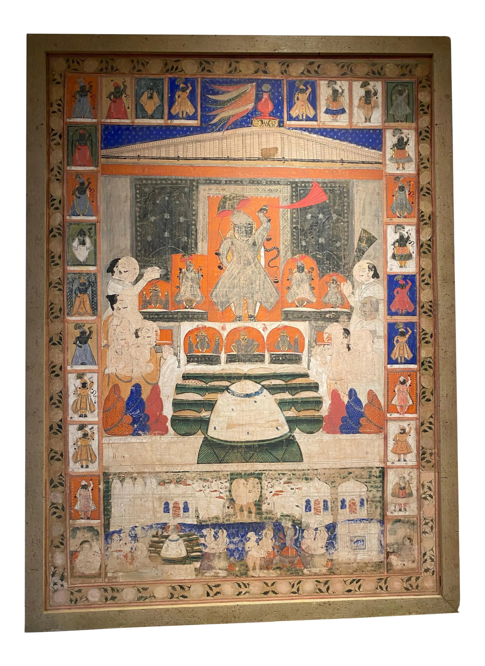 Annakoot Pichhavi Early 20th Century Painting - Framed: Pichwai (pichvai) is a style of painting that originated over 400 years ago, in the town of Nathdwara near Udaipur in Rajasthan, India. Intricate paintings, made on cloth depict tales from Lord