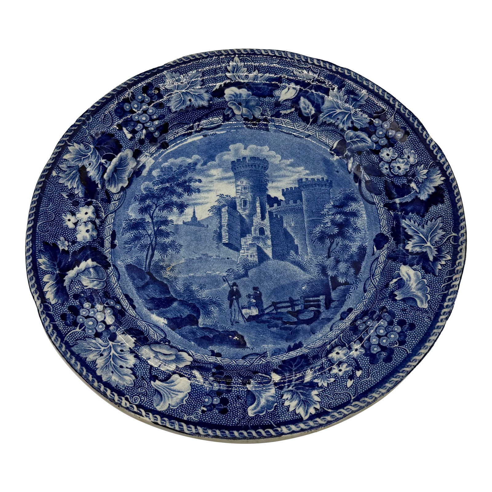 A Blue Dark Transfer Decorated Staffordshire Plate "Part of Goodridge Castle, Kent", by Enoch Woods,: A Blue Dark Transfer Decorated Staffordshire Plate "Part of Goodridge Castle, Kent", by Enoch Woods, Circa 1830's Made in the Staffordshire district of Stoke on Trent, circa 1830's Pattern named: "Par