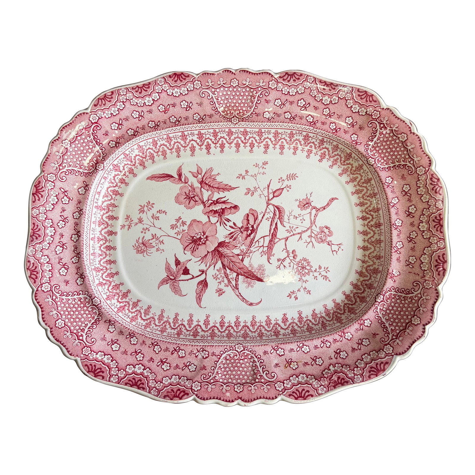 A Very Fine Antique Pink Transferware Decorated Staffordshire Pattern Platter "Asiatic Plants" Patte (1 of 11)