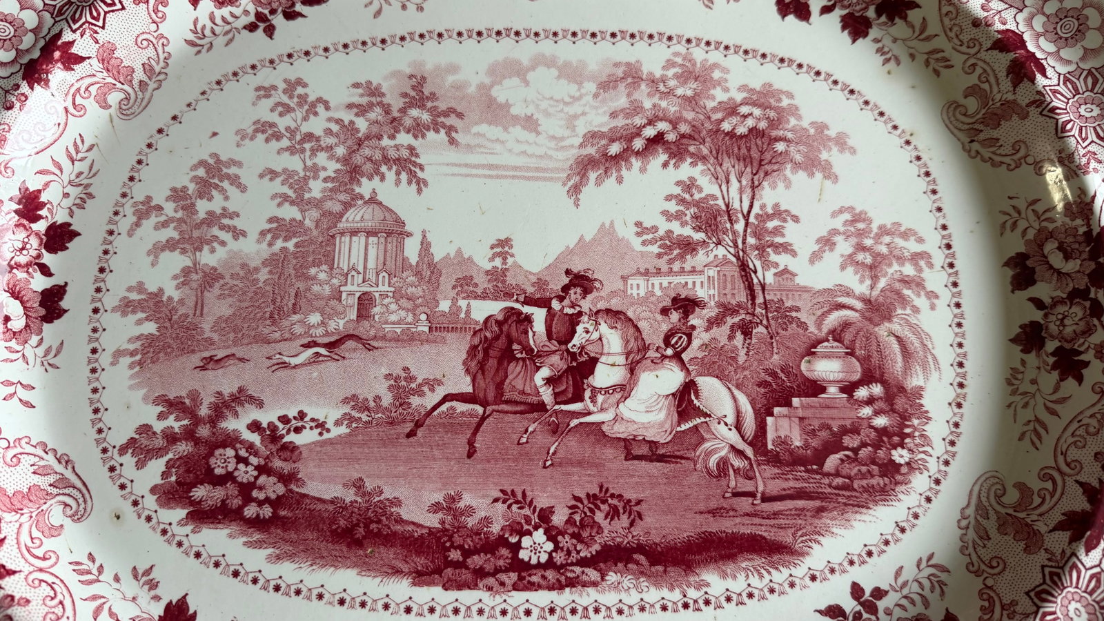 A Very Fine Antique Red Transferware Decorated Staffordshire Platter "Andalusia" Pattern by Adams, C - 12