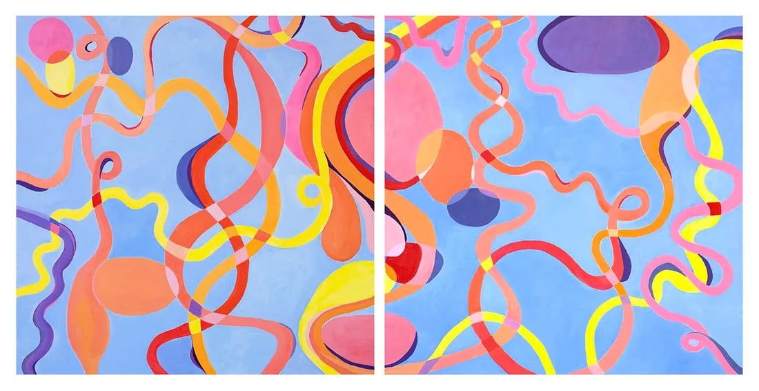 Large Abstract Diptych in Cobalt Blue Orange and Pink - 11