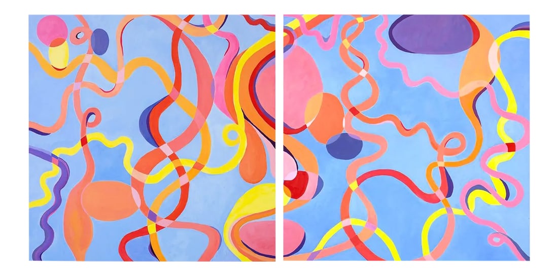 Large Abstract Diptych in Cobalt Blue Orange and Pink: Two large square 30 x 30 canvases that create a large diptych titled "A New Day" with mesmerizing abstract egg shapes and overlapping strands of color. Inspired by the colors at sunrise. Signed on