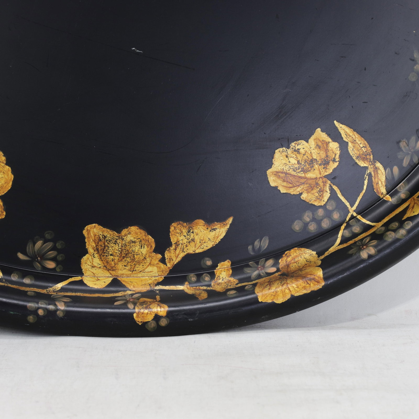Antique 19th Century Paper Mache Oval Tray - Black Lacquer With Hand Painted Gold Gilt Ivy Design - 10