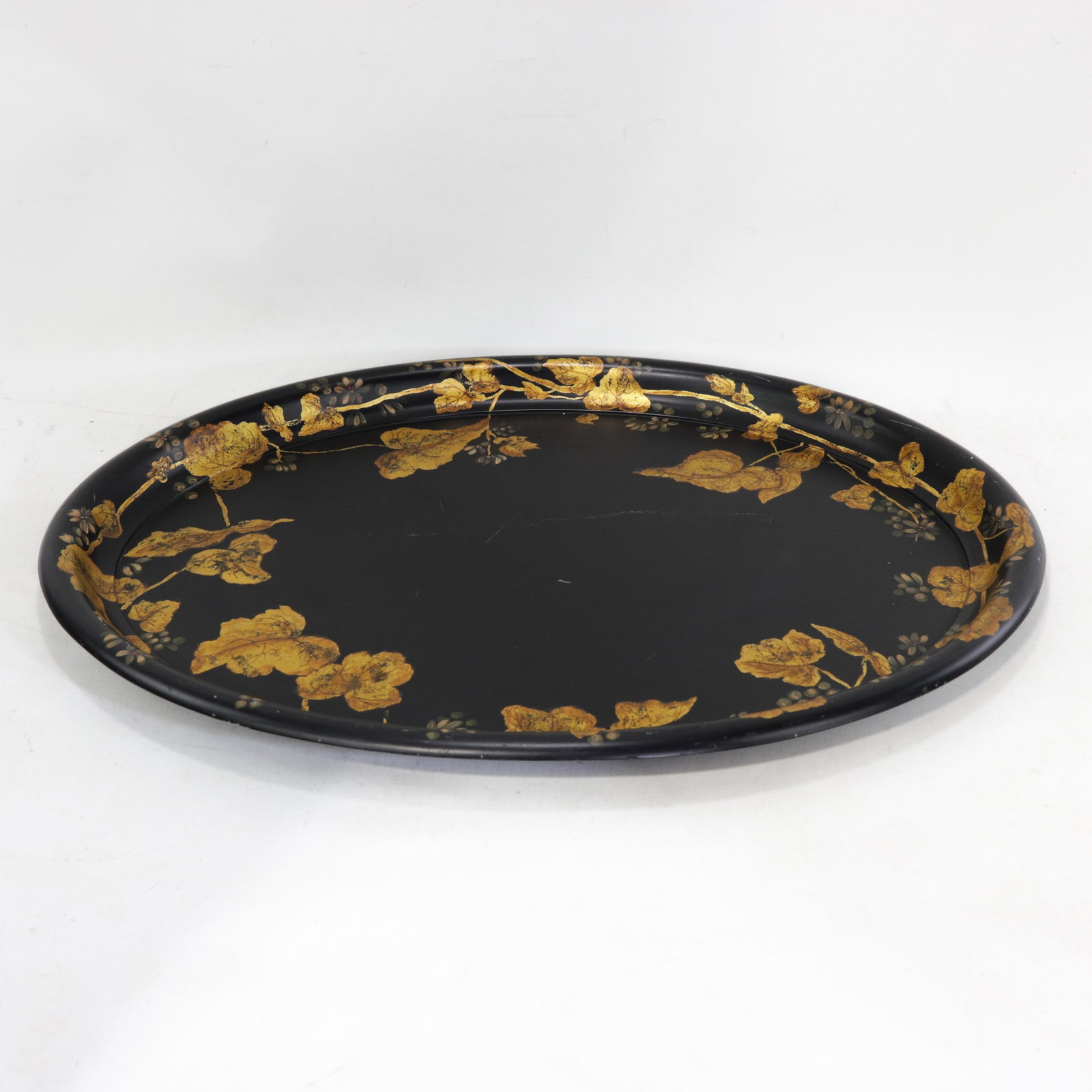 Antique 19th Century Paper Mache Oval Tray - Black Lacquer With Hand Painted Gold Gilt Ivy Design - 11