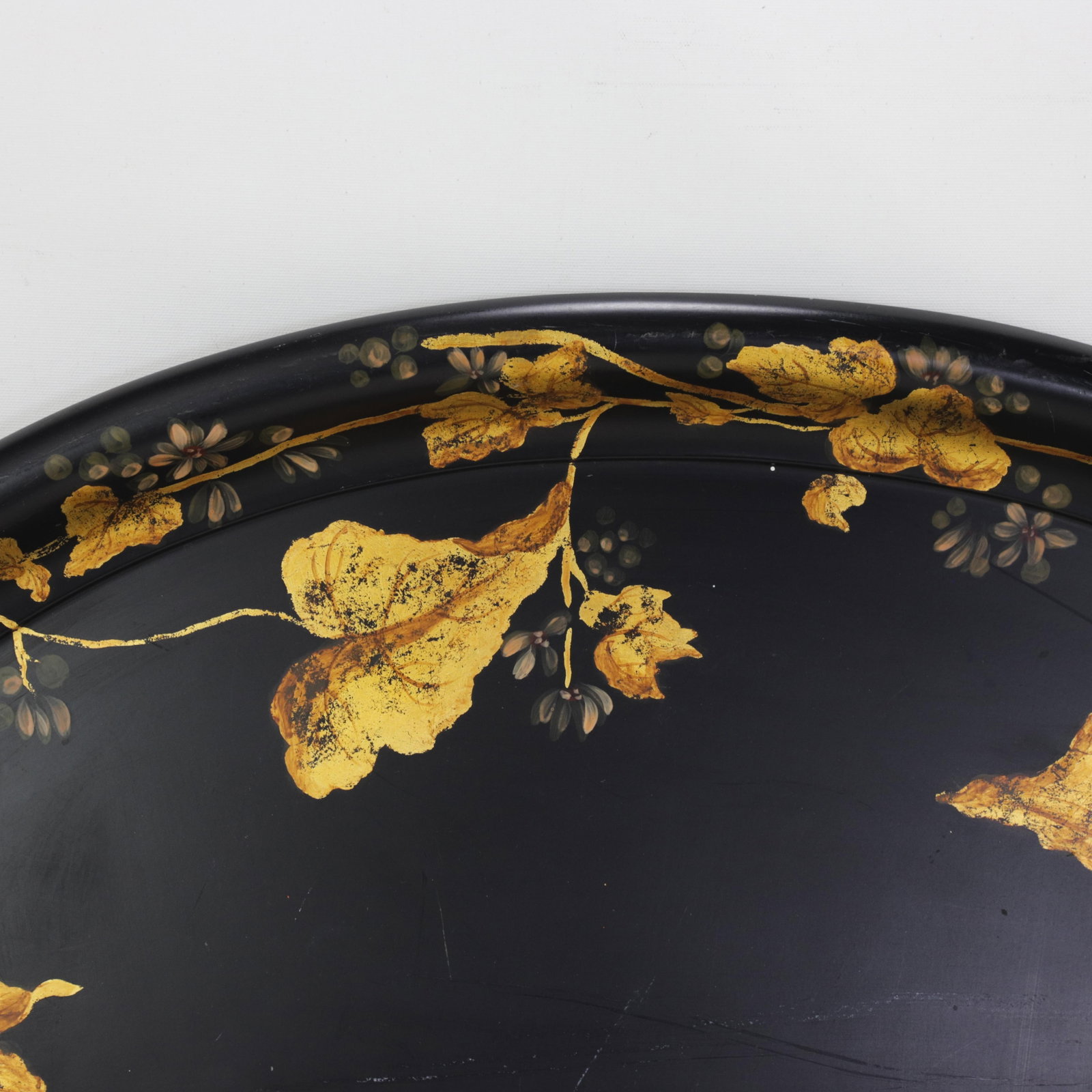 Antique 19th Century Paper Mache Oval Tray - Black Lacquer With Hand Painted Gold Gilt Ivy Design - 12
