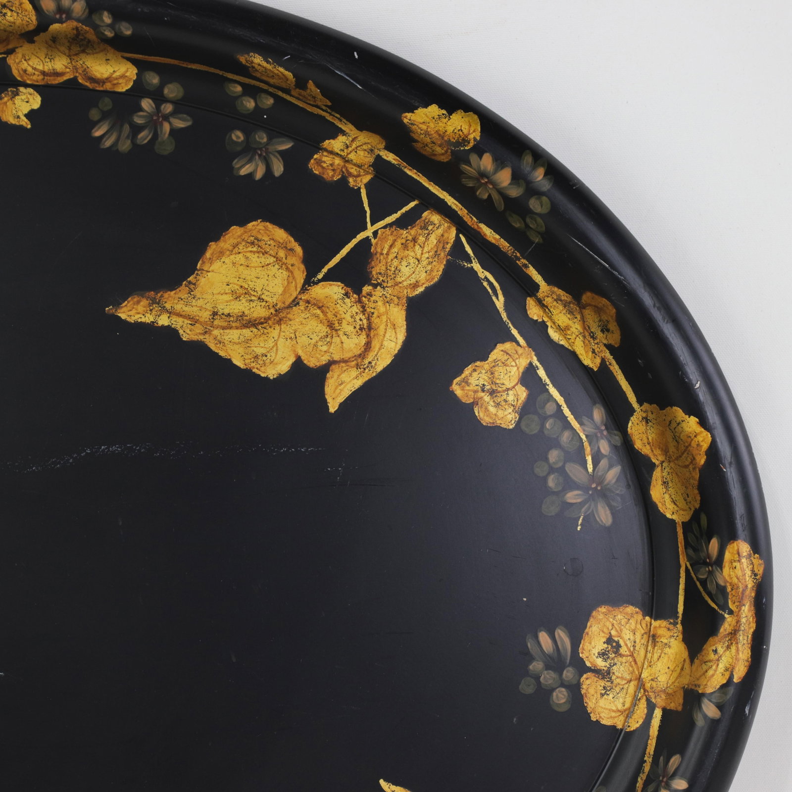Antique 19th Century Paper Mache Oval Tray - Black Lacquer With Hand Painted Gold Gilt Ivy Design - 13