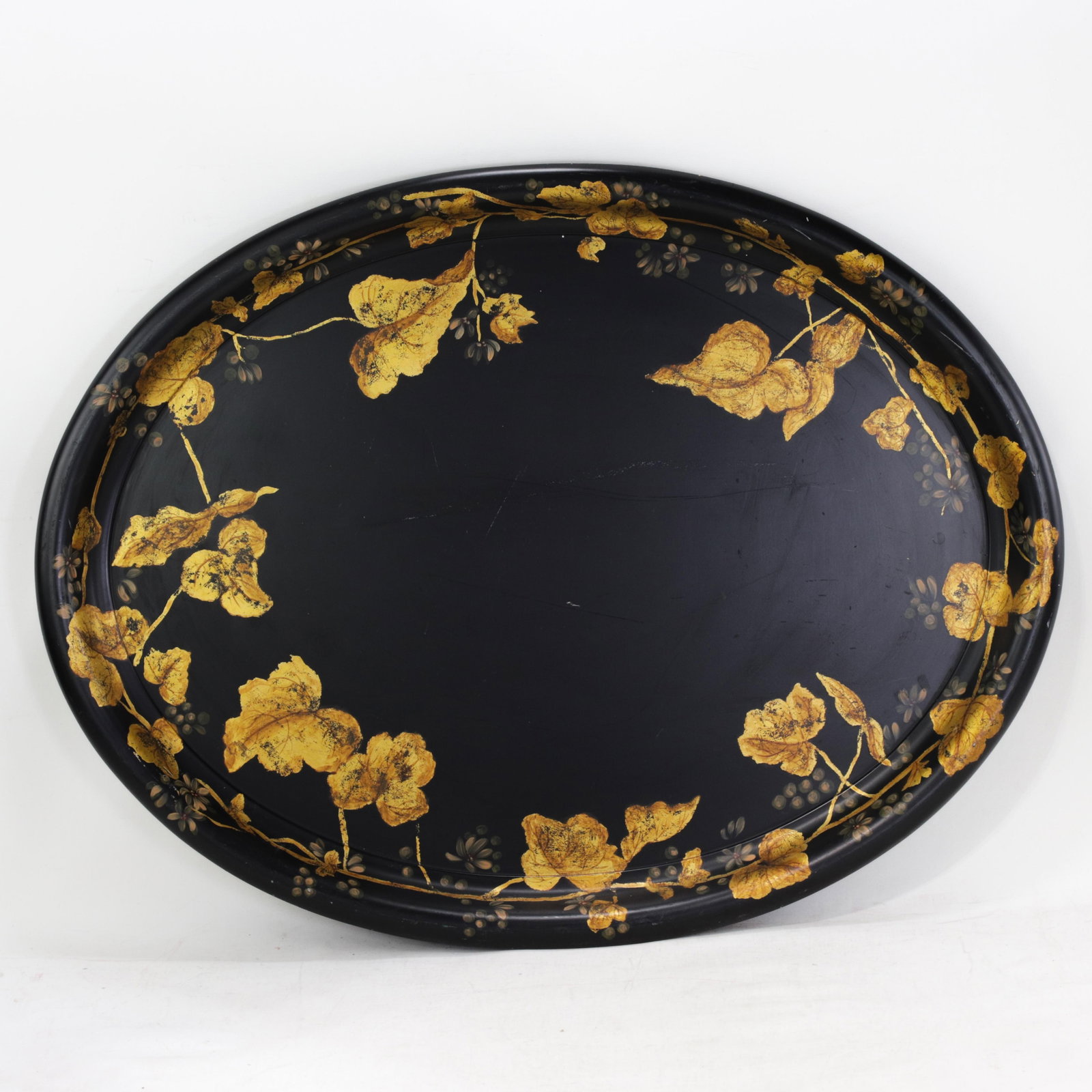 Antique 19th Century Paper Mache Oval Tray - Black Lacquer With Hand Painted Gold Gilt Ivy Design - 14