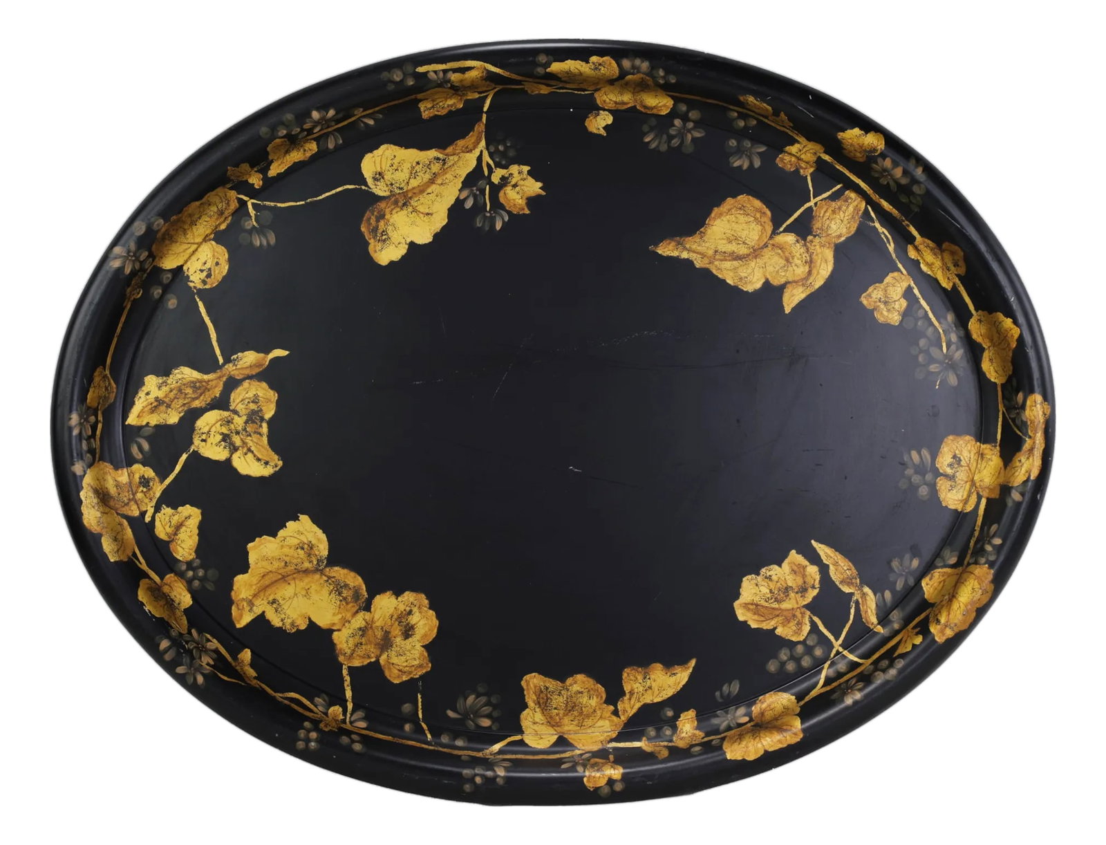 Antique 19th Century Paper Mache Oval Tray - Black Lacquer With Hand Painted Gold Gilt Ivy Design (1 of 14)