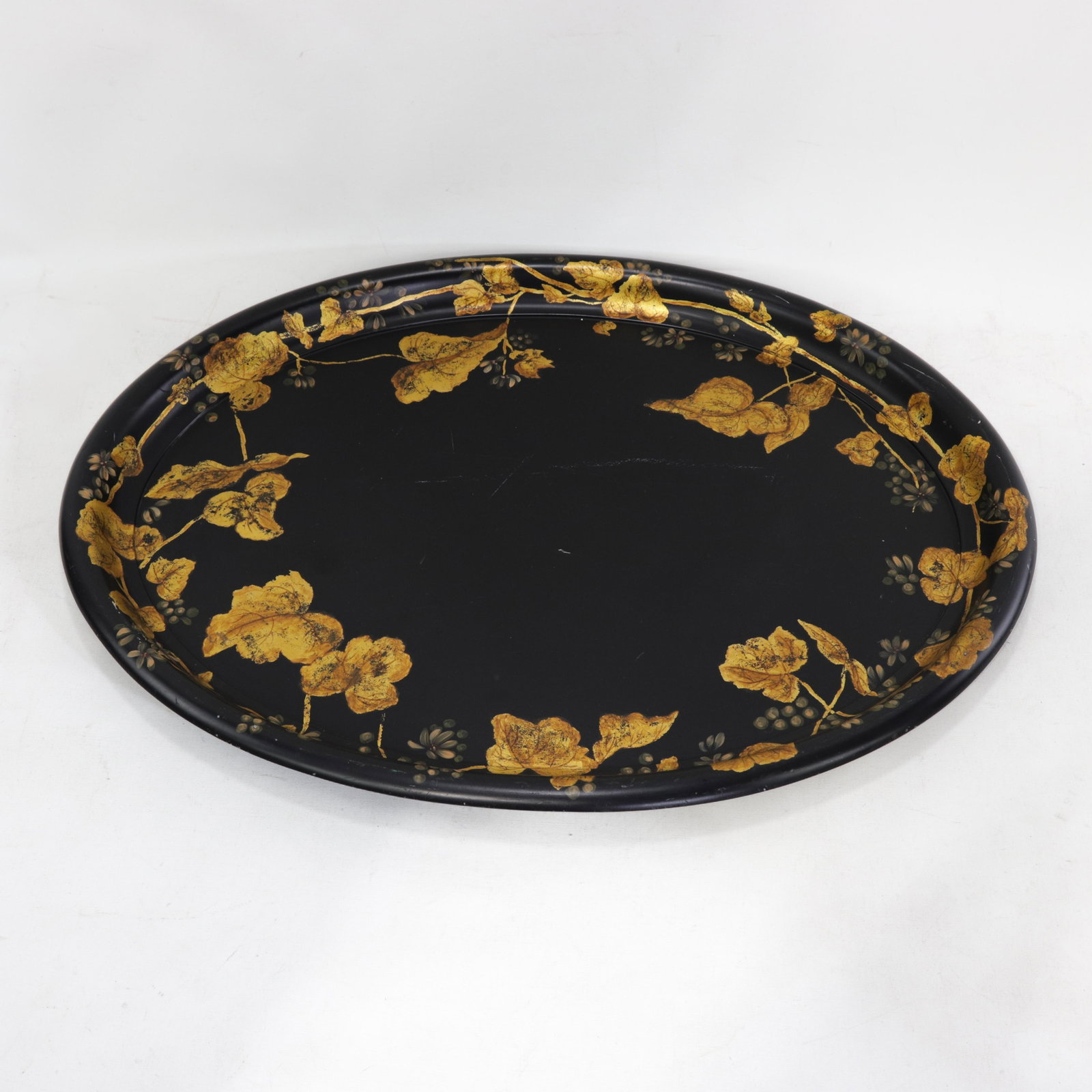 Antique 19th Century Paper Mache Oval Tray - Black Lacquer With Hand Painted Gold Gilt Ivy Design - 2