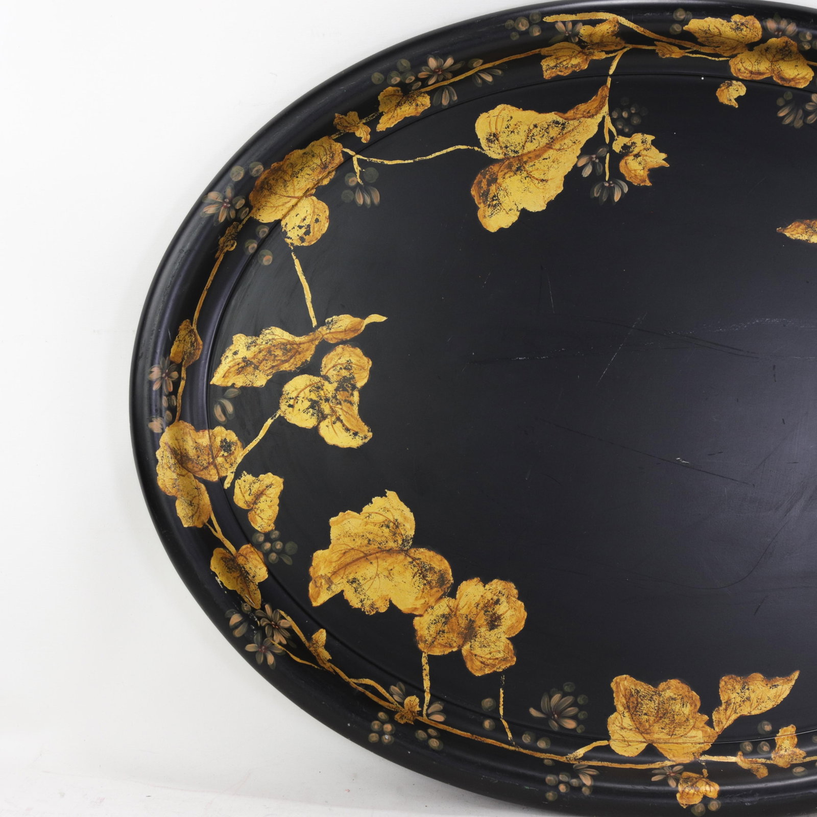 Antique 19th Century Paper Mache Oval Tray - Black Lacquer With Hand Painted Gold Gilt Ivy Design - 3