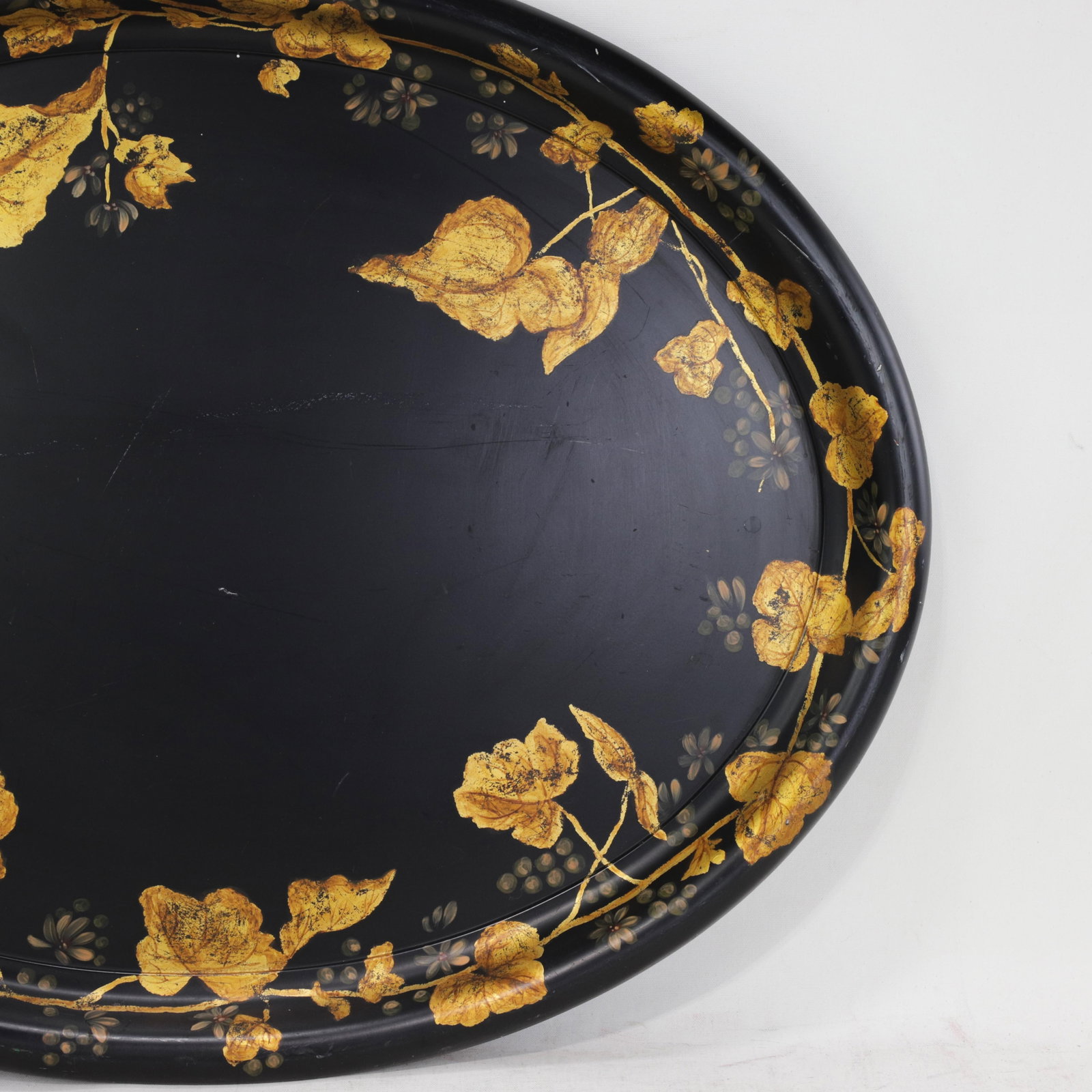 Antique 19th Century Paper Mache Oval Tray - Black Lacquer With Hand Painted Gold Gilt Ivy Design - 4
