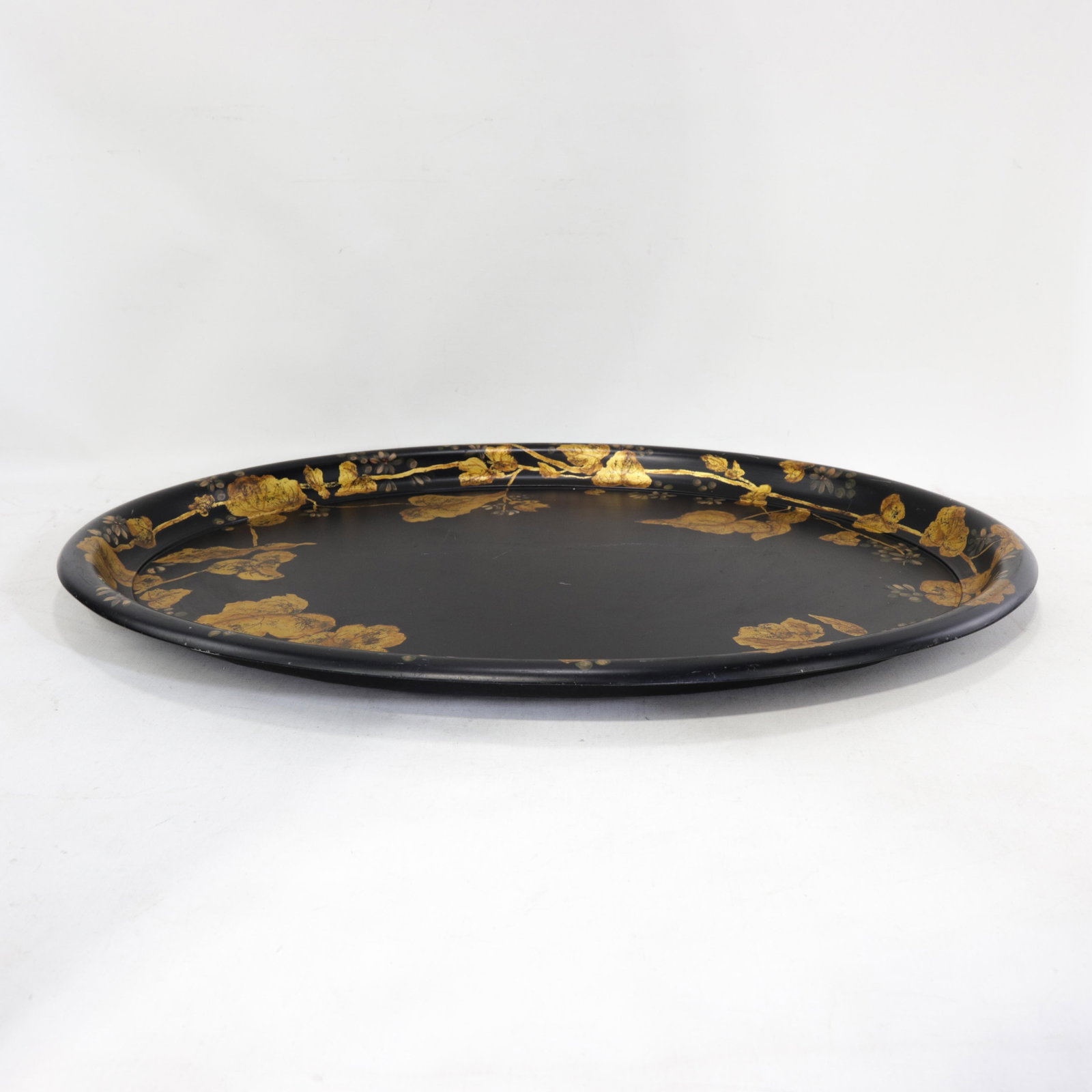 Antique 19th Century Paper Mache Oval Tray - Black Lacquer With Hand Painted Gold Gilt Ivy Design - 5
