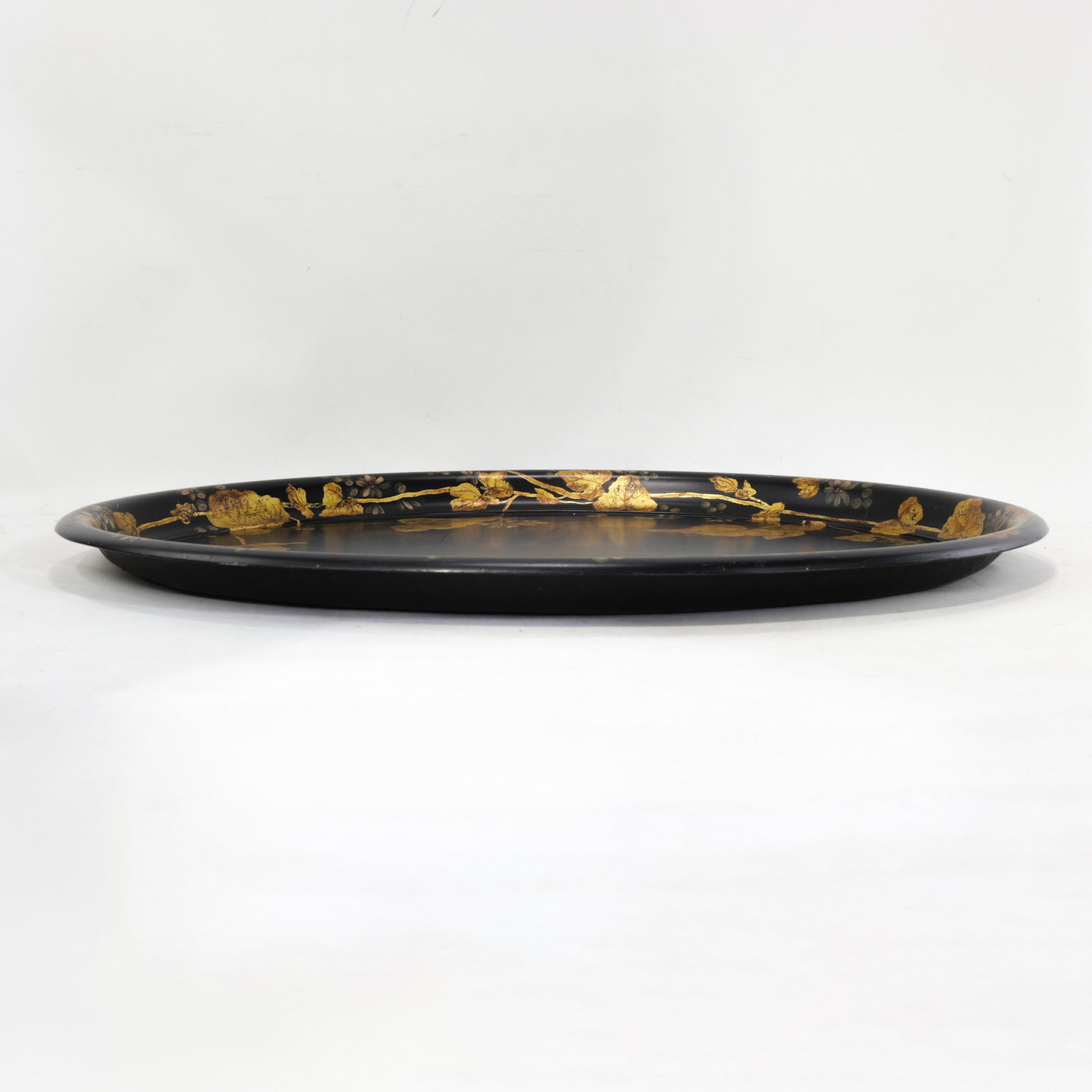 Antique 19th Century Paper Mache Oval Tray - Black Lacquer With Hand Painted Gold Gilt Ivy Design - 7