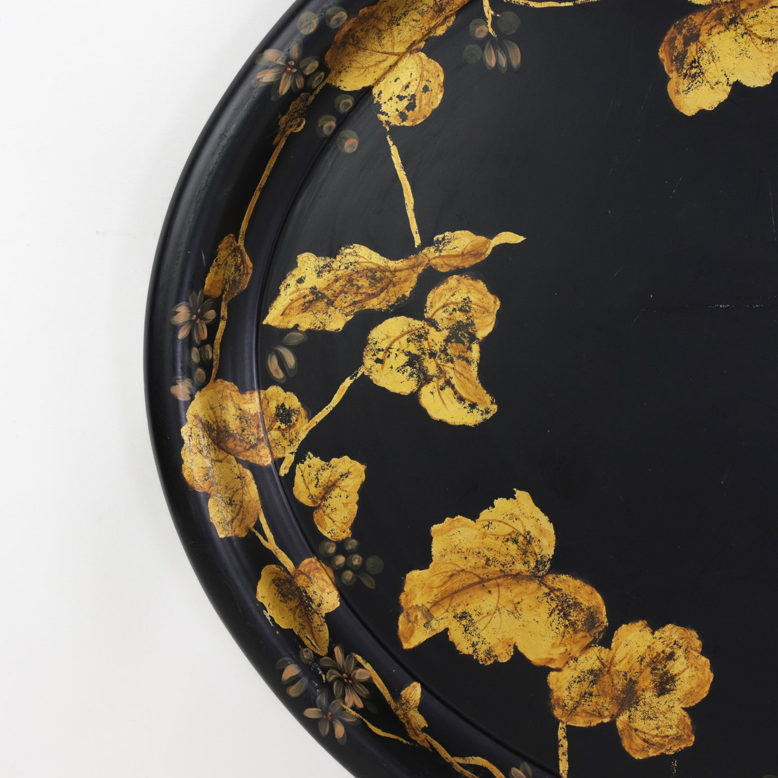 Antique 19th Century Paper Mache Oval Tray - Black Lacquer With Hand Painted Gold Gilt Ivy Design - 8