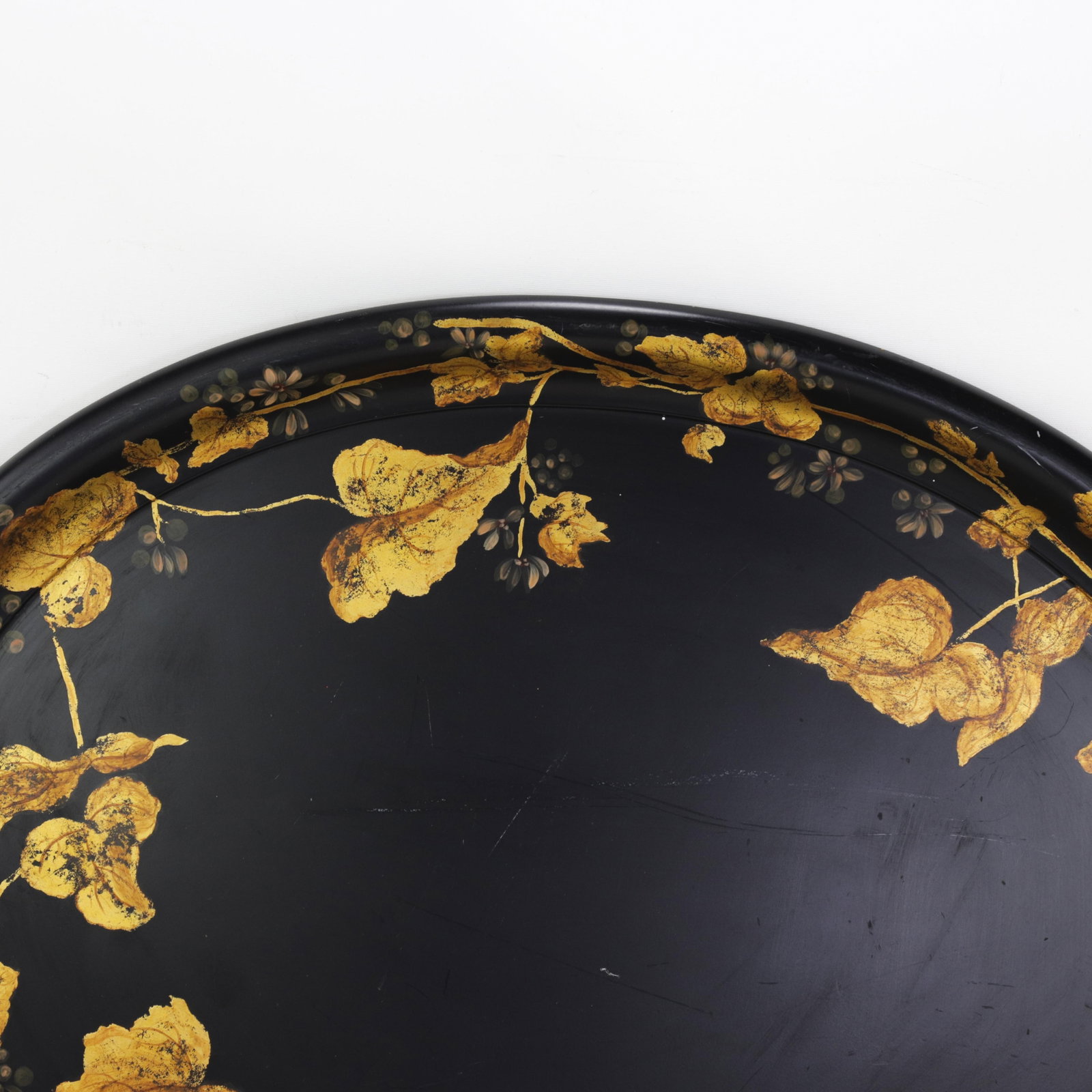 Antique 19th Century Paper Mache Oval Tray - Black Lacquer With Hand Painted Gold Gilt Ivy Design - 9