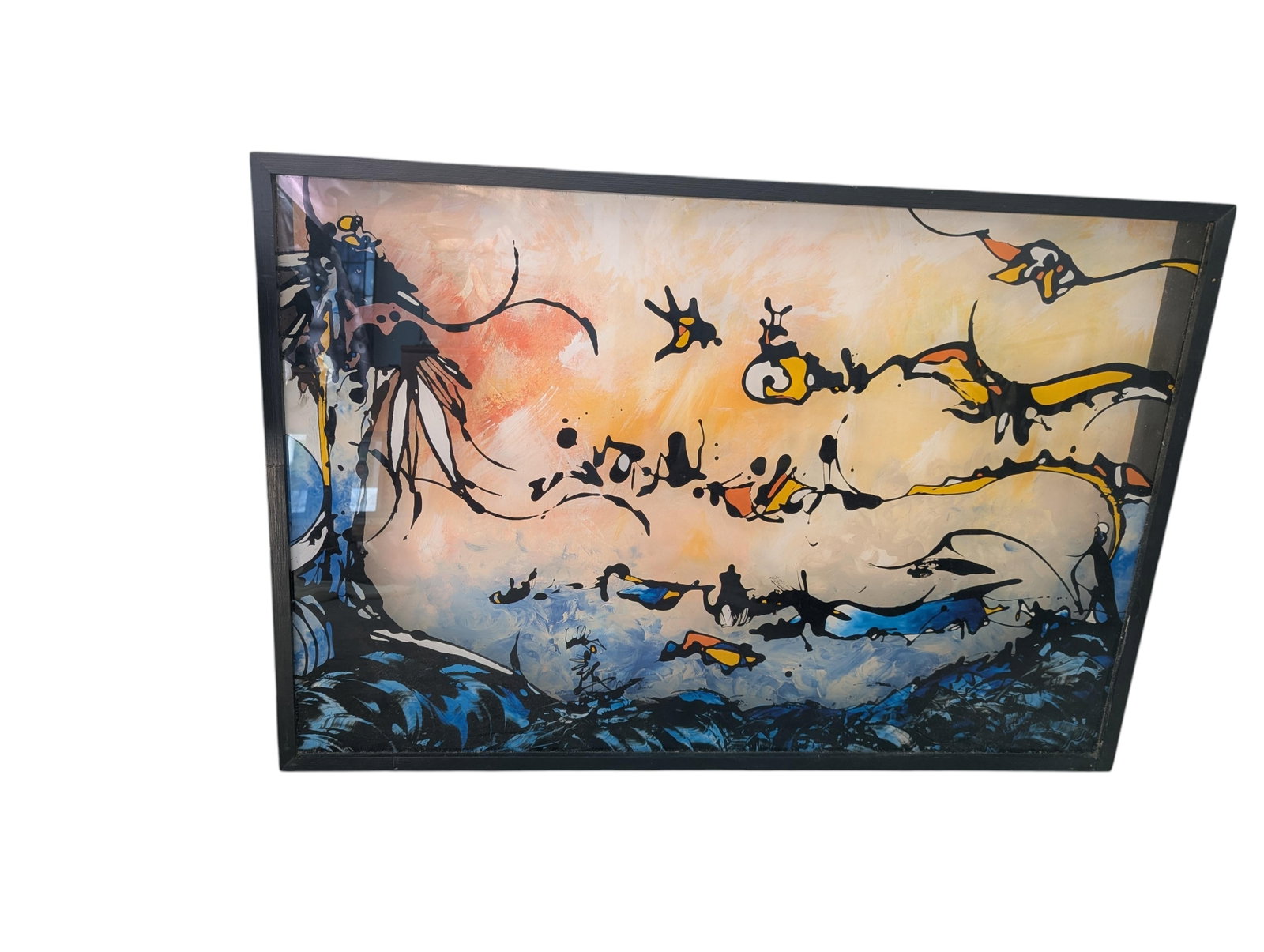 1990s An Abstract Three Dimensional Reverse Painting on Glass Inside a Very Large Shadow Box. Signed - 2