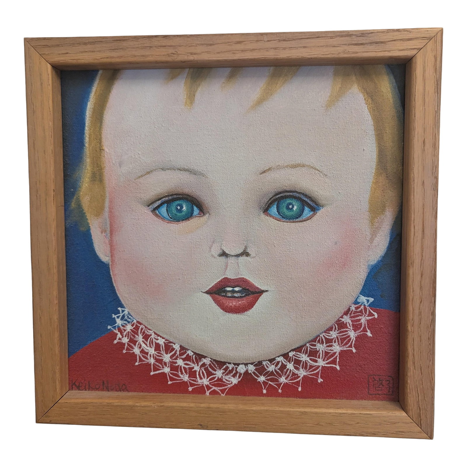 Late 20th Century Original Oil Painting Portrait of a Child by Artist Keiko Noda: This portrait of a young child invites the viewer to look deep into their eyes, evoking themes of innocence and the child's engagement with the world. Not depicting a specifically male or female