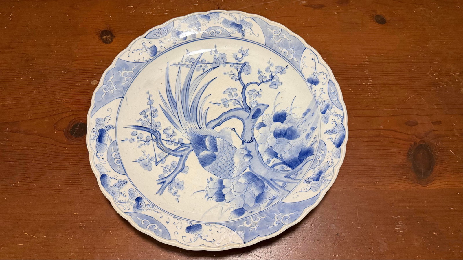 19th Century Japanese Hand-Painted Blue and White Porcelain Charger With Roosters - 11