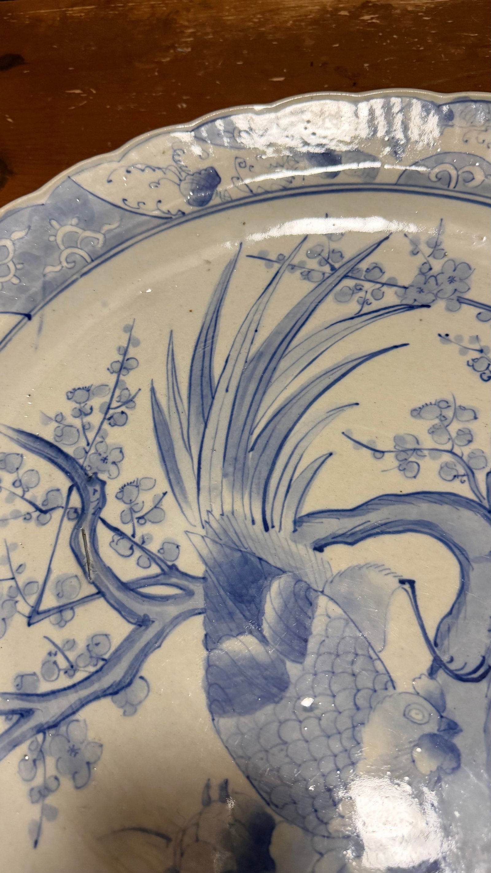 19th Century Japanese Hand-Painted Blue and White Porcelain Charger With Roosters - 12