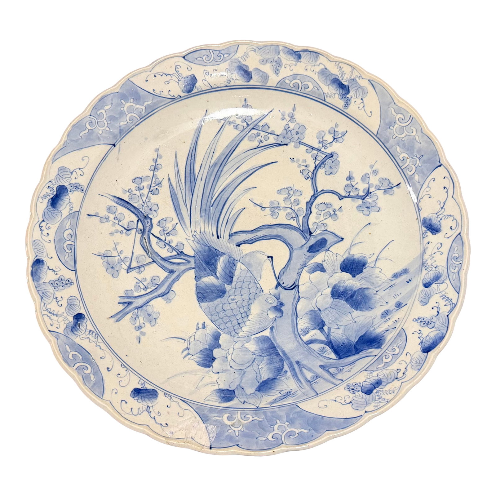19th Century Japanese Hand-Painted Blue and White Porcelain Charger With Roosters: 19th Century Japanese Hand-Painted Blue and White Porcelain Charger With Roosters Meji period of Japan, circa 1880's Blue underglaze hand painted porcelain charger with bird and floral decorations.