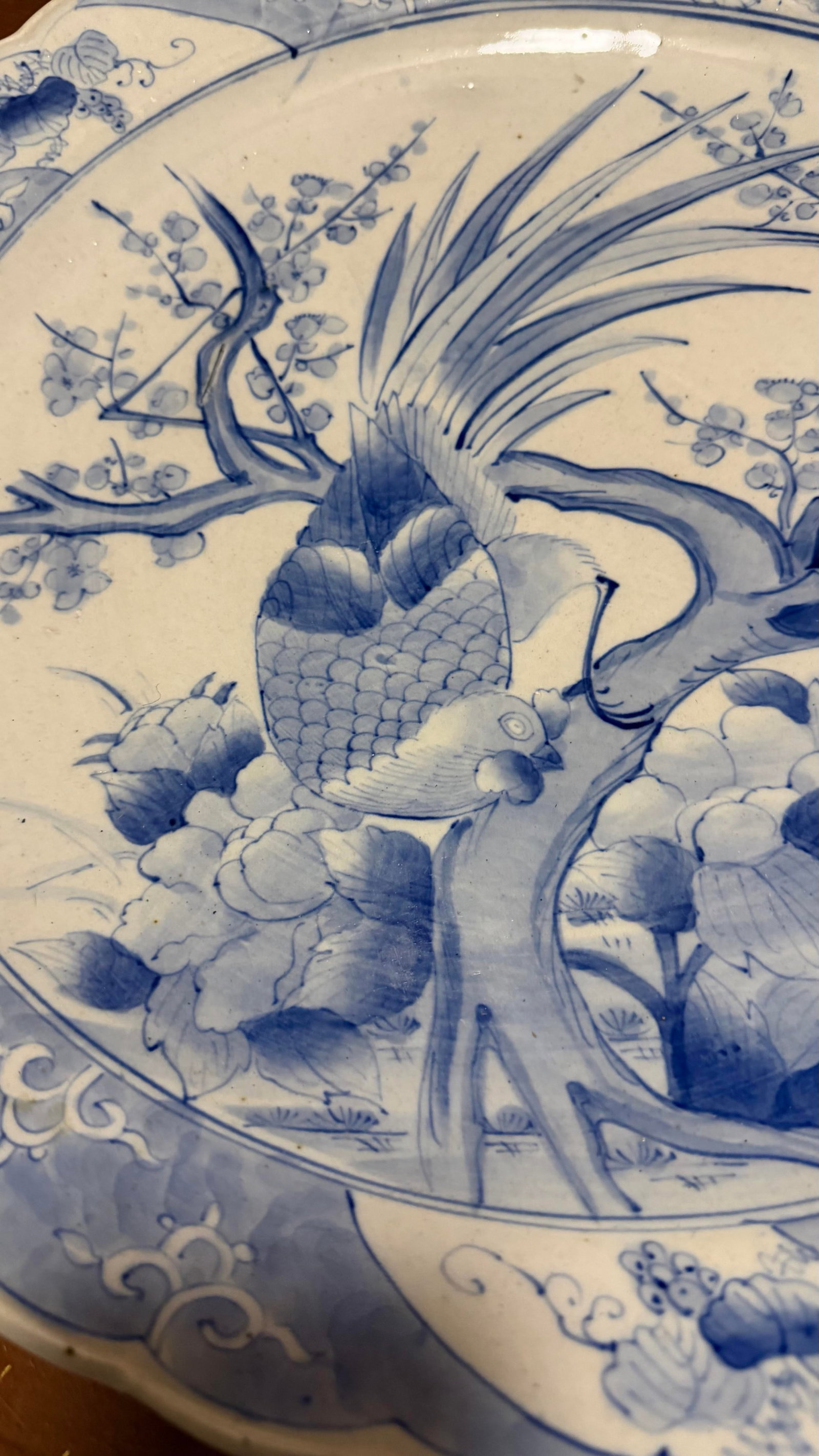 19th Century Japanese Hand-Painted Blue and White Porcelain Charger With Roosters - 2